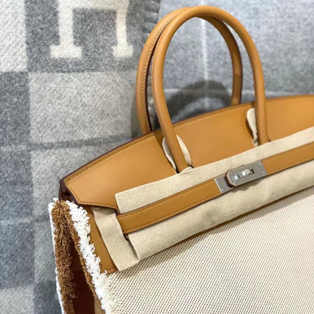 Sac HM Birkin 35 cm en toile effilochée, matériel argenté
