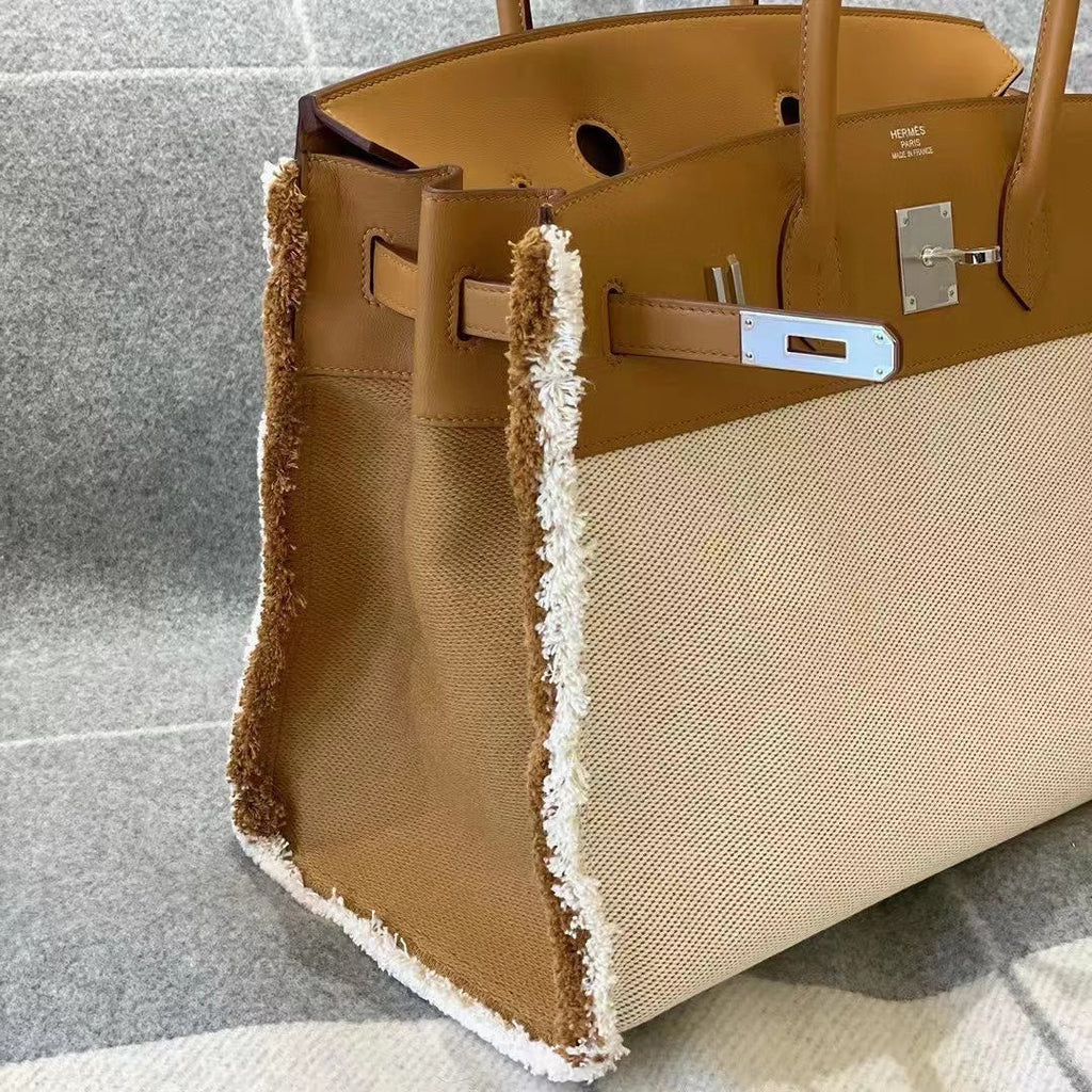 Sac HM Birkin 35 cm en toile effilochée, matériel argenté