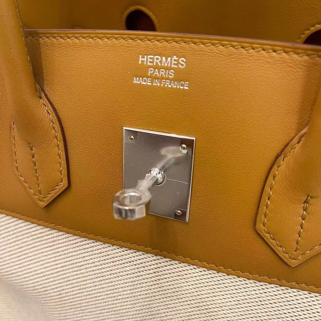 Sac HM Birkin 35 cm en toile effilochée, matériel argenté