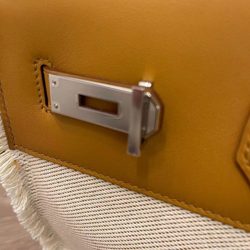Sac HM Birkin 35 cm en toile effilochée, matériel argenté