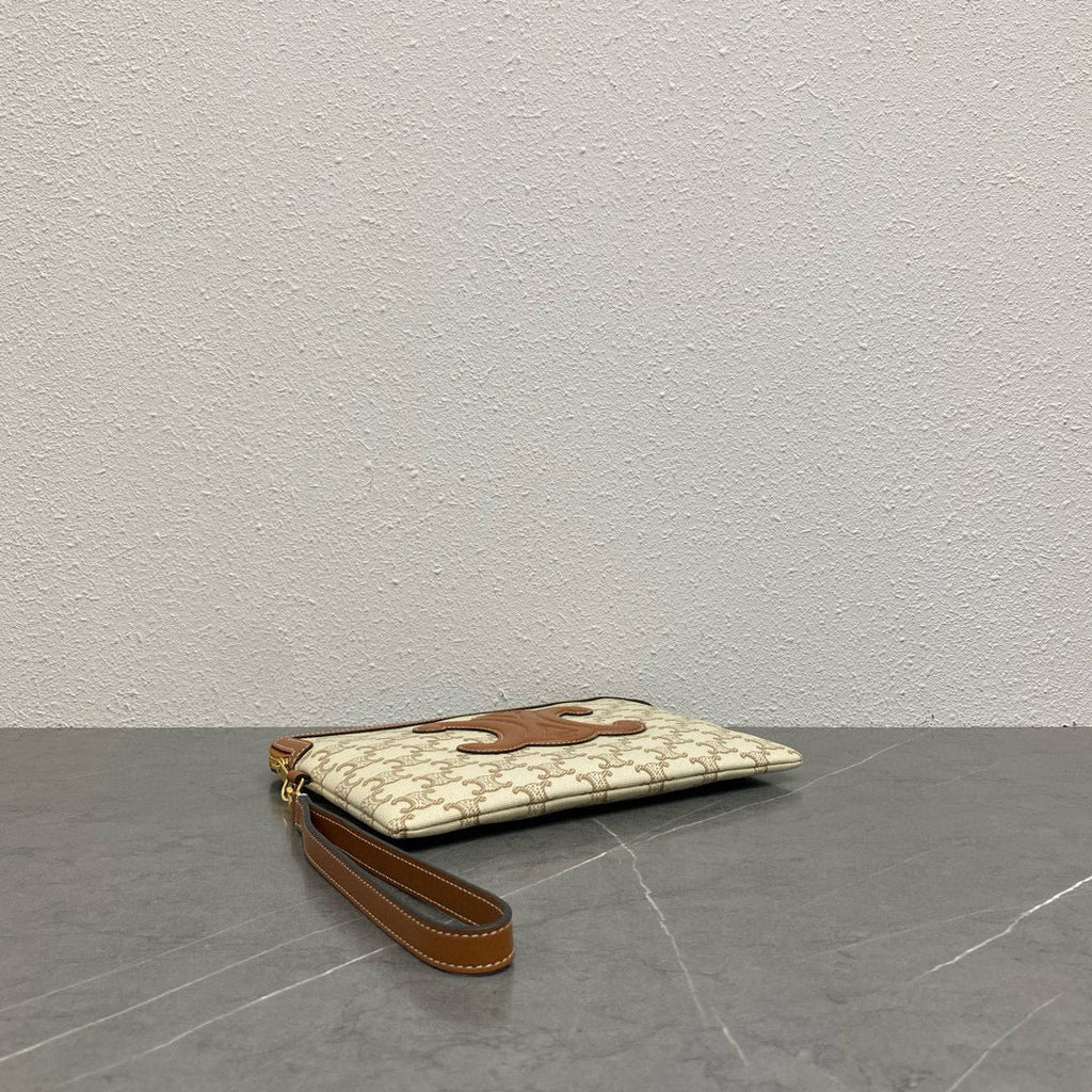 SMALL POUCH WITH STRAP 24CM BEIGE TEXTILE TAN CALFSKIN