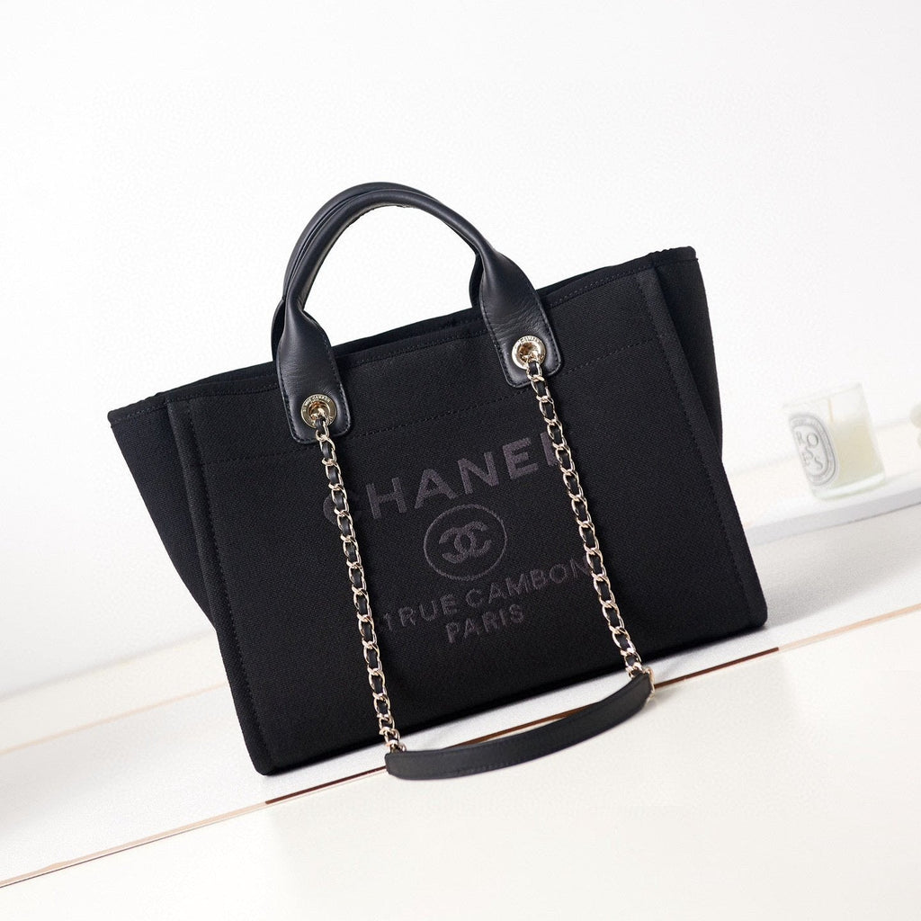Petit sac cabas CC DEAUVILLE 33 cm en cuir de veau mélangé noir