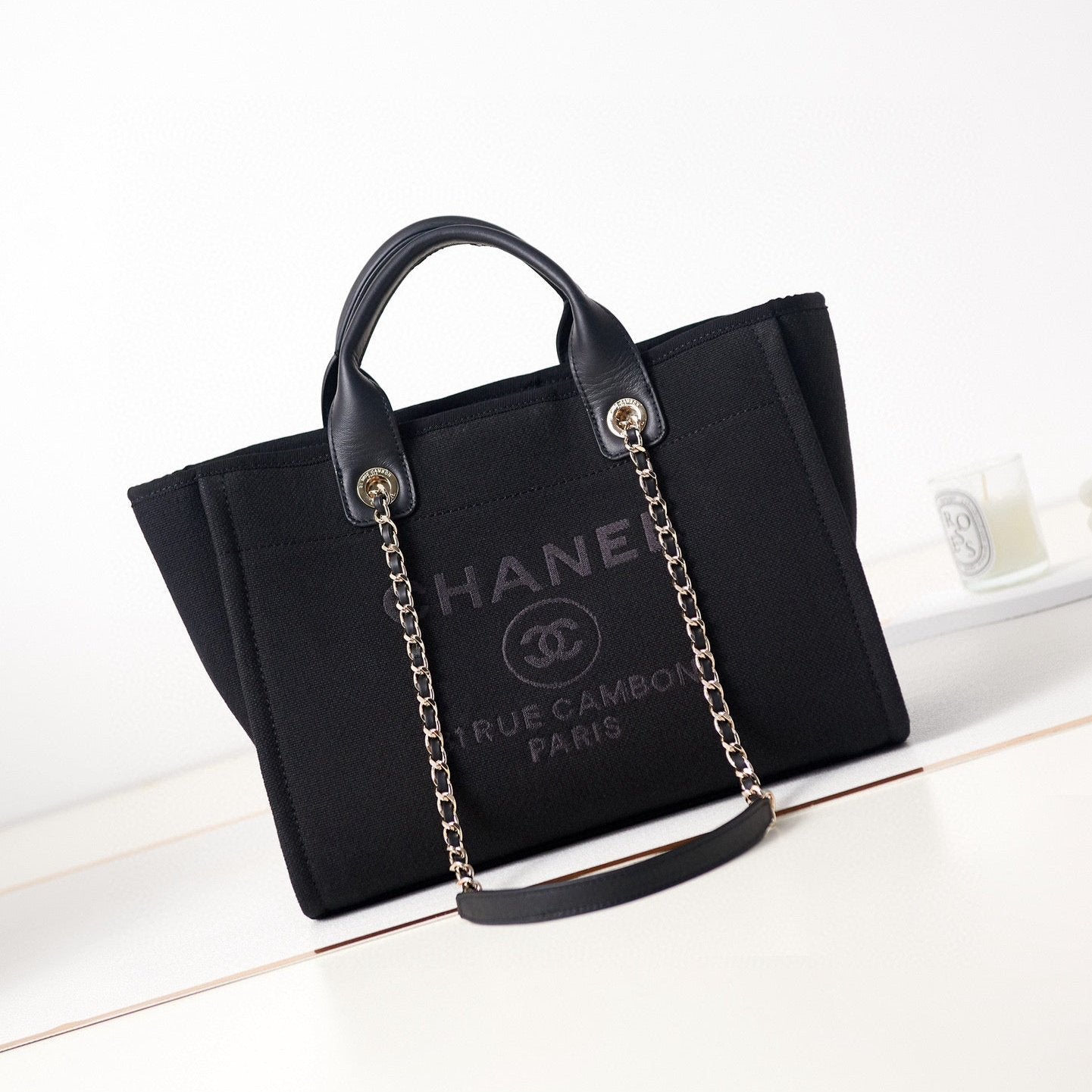 CC DEAUVILLE SHOPPING SMALL TOTE 33CM BLACK MIXED FABRIC CALFSKIN