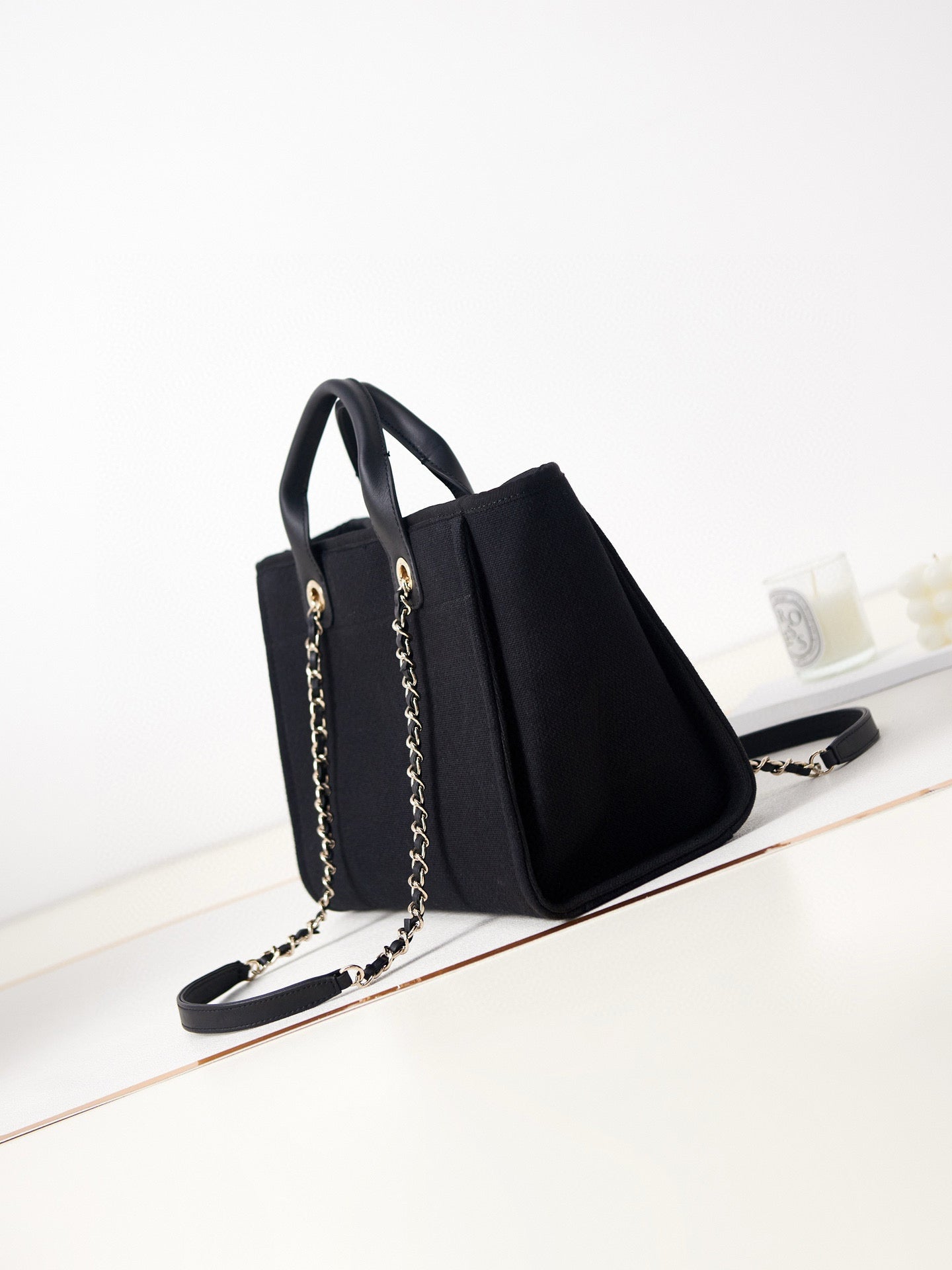 CC DEAUVILLE SHOPPING SMALL TOTE 33CM BLACK MIXED FABRIC CALFSKIN