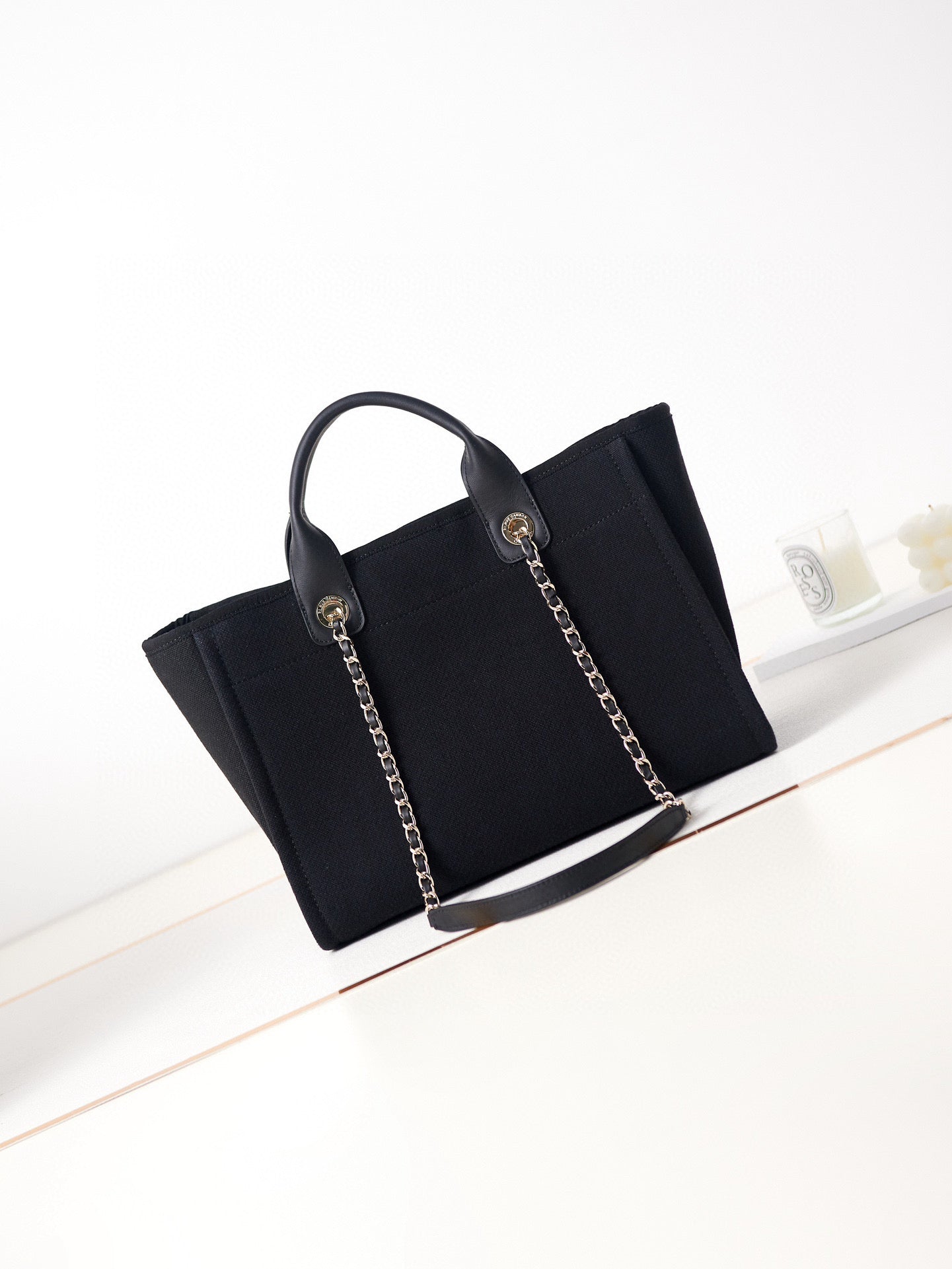 CC DEAUVILLE SHOPPING SMALL TOTE 33CM BLACK MIXED FABRIC CALFSKIN