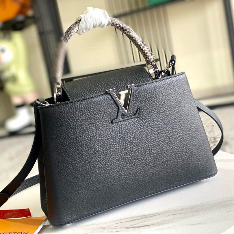 CAPUCINES BAG BLACK CALFSKIN LEATHER SNAKE TOP HANDLE BEST VERSION
