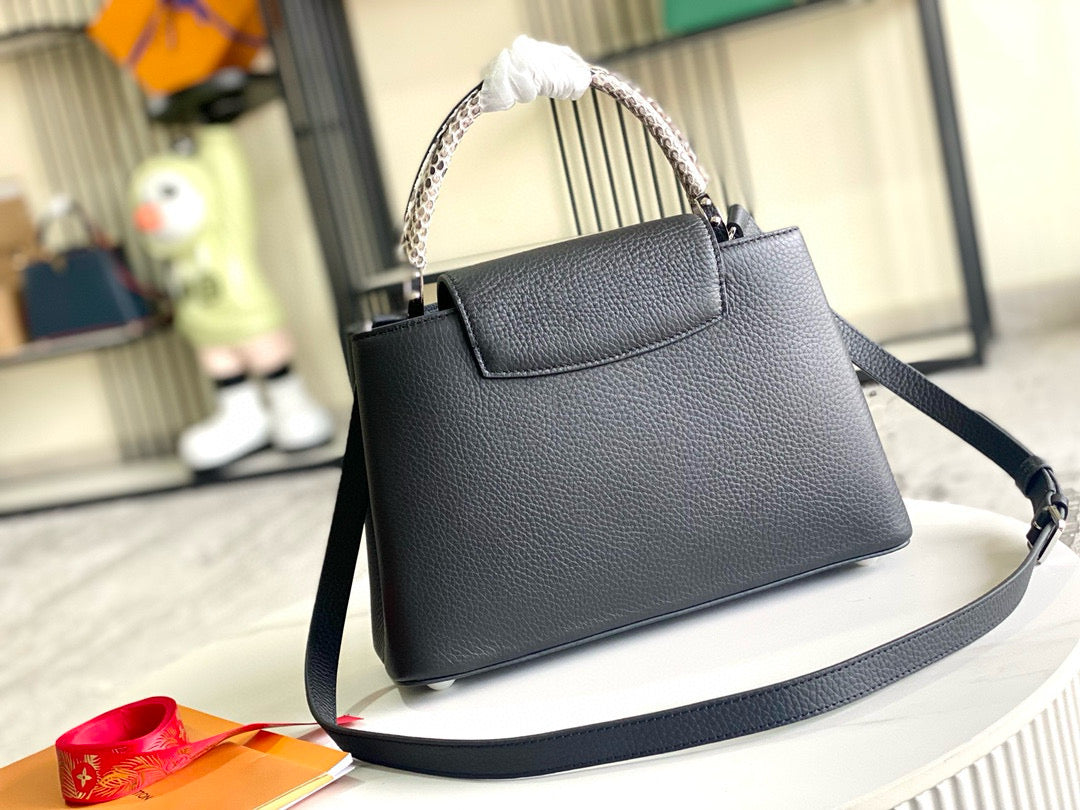 CAPUCINES BAG BLACK CALFSKIN LEATHER SNAKE TOP HANDLE BEST VERSION