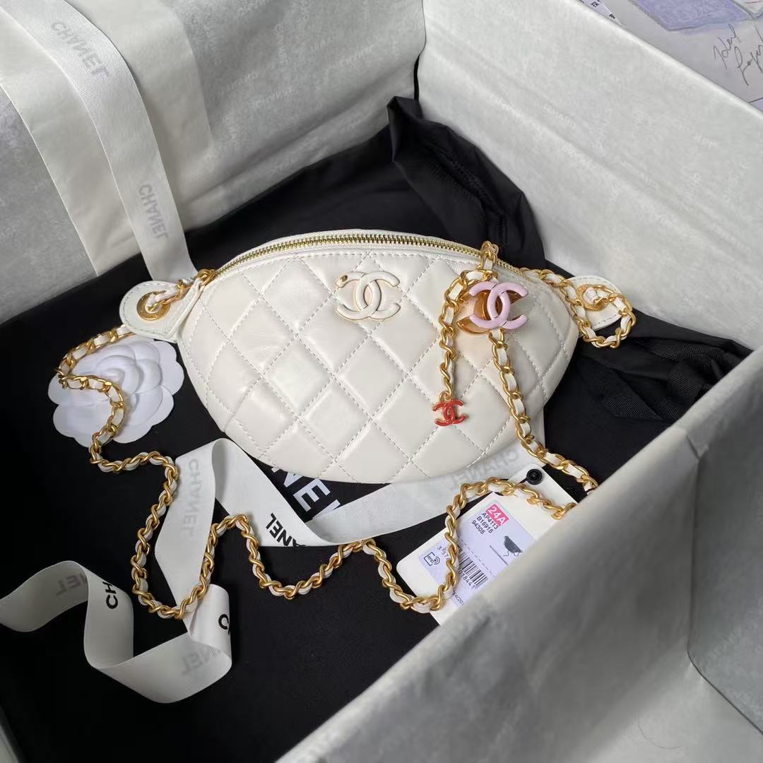 CC 24A POCHETTE 27CM SAC CLASSIQUE CUIR D'AGNEAU BLANC