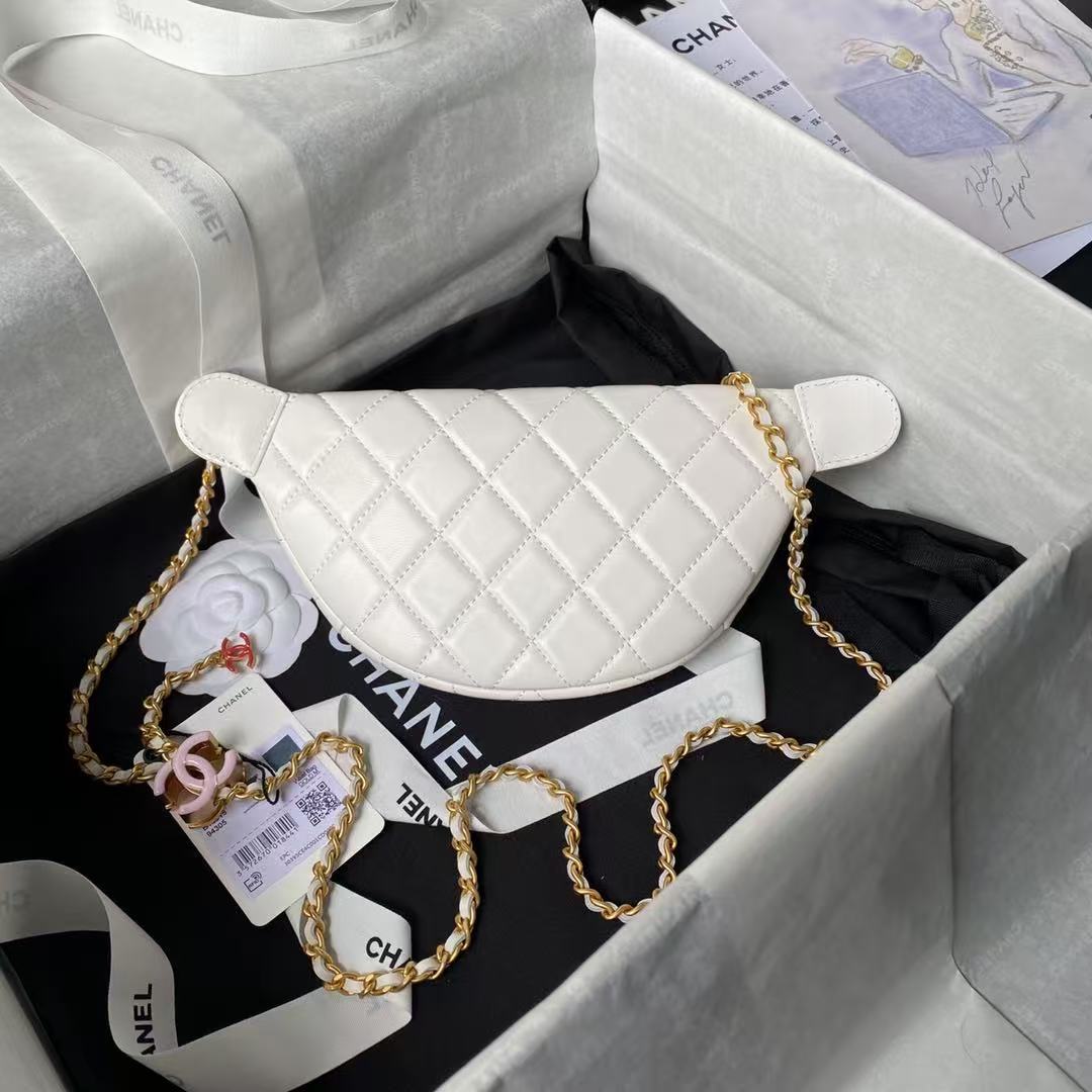 CC 24A POCHETTE 27CM SAC CLASSIQUE CUIR D'AGNEAU BLANC