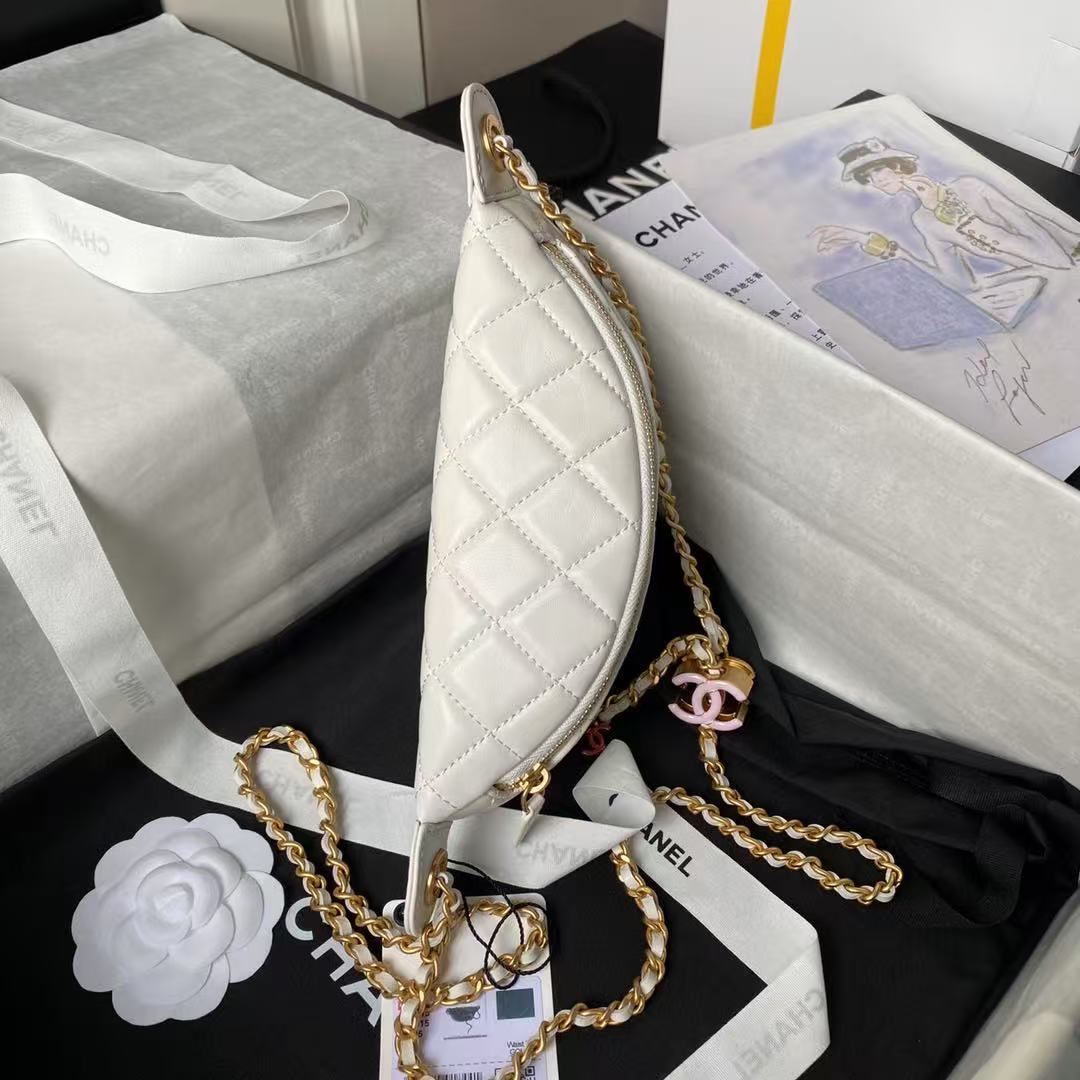 CC 24A POCHETTE 27CM SAC CLASSIQUE CUIR D'AGNEAU BLANC