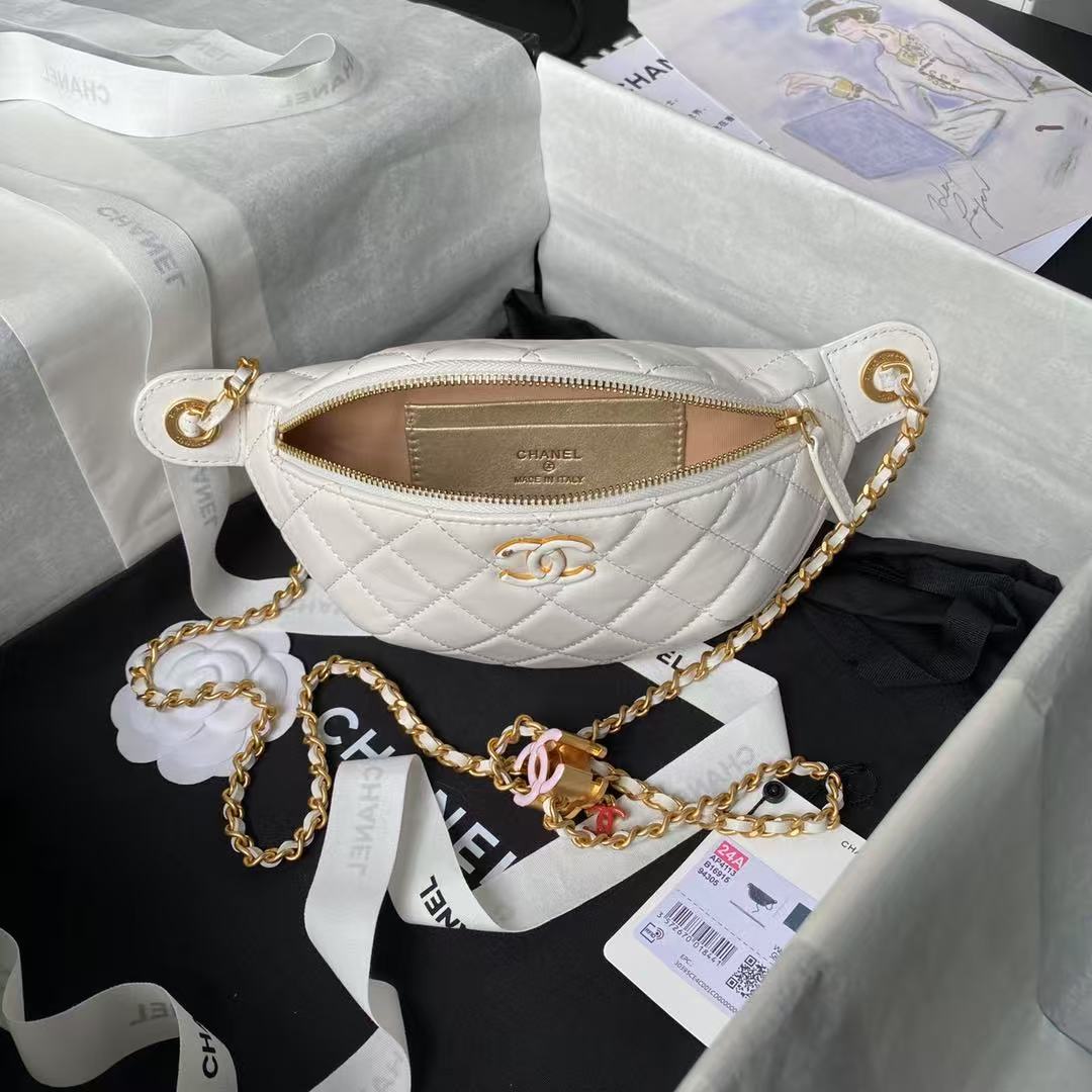 CC 24A POCHETTE 27CM SAC CLASSIQUE CUIR D'AGNEAU BLANC
