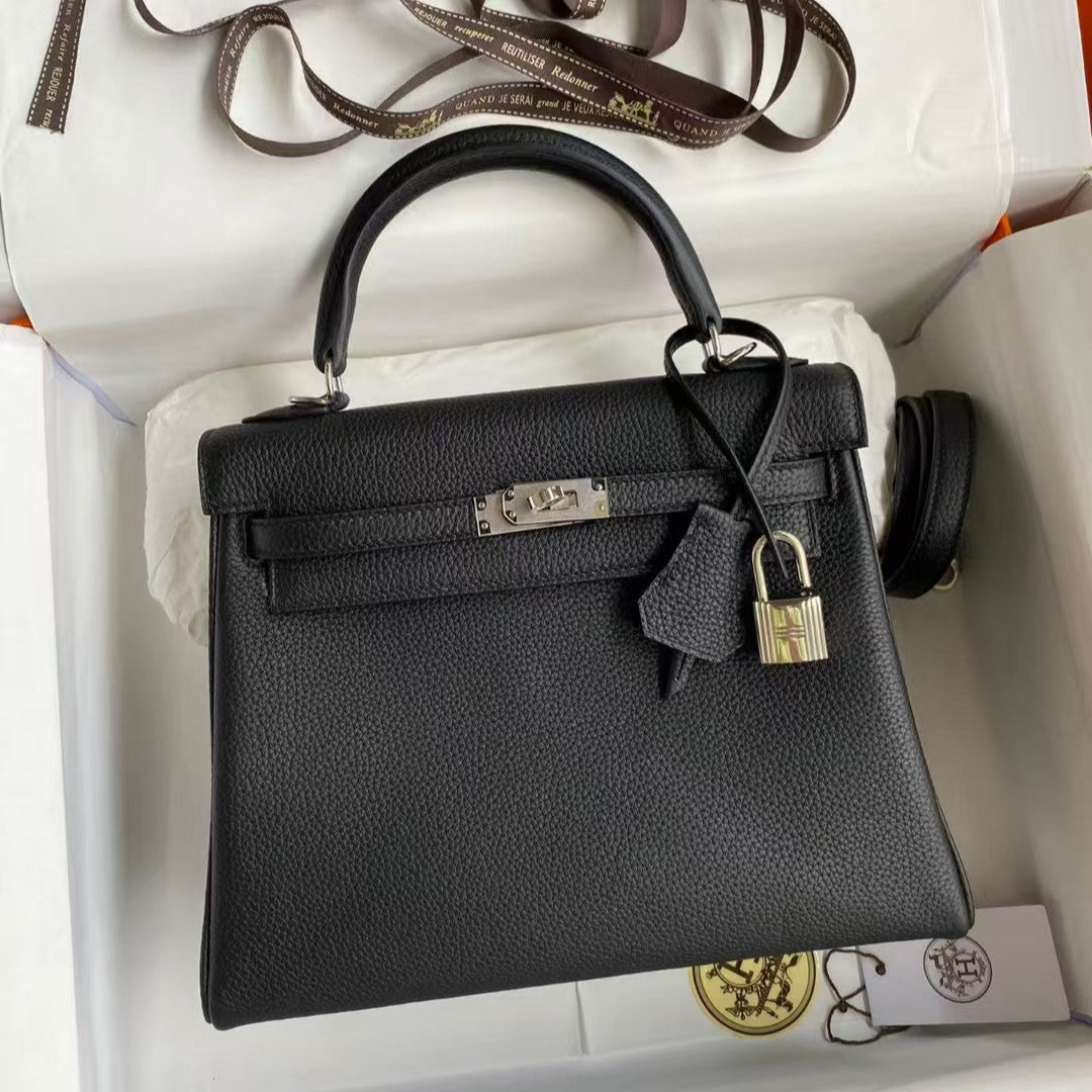 HM MINI KELLY 20CM CUIR TOGO NOIR QUINCAILLERIE ARGENTÉE