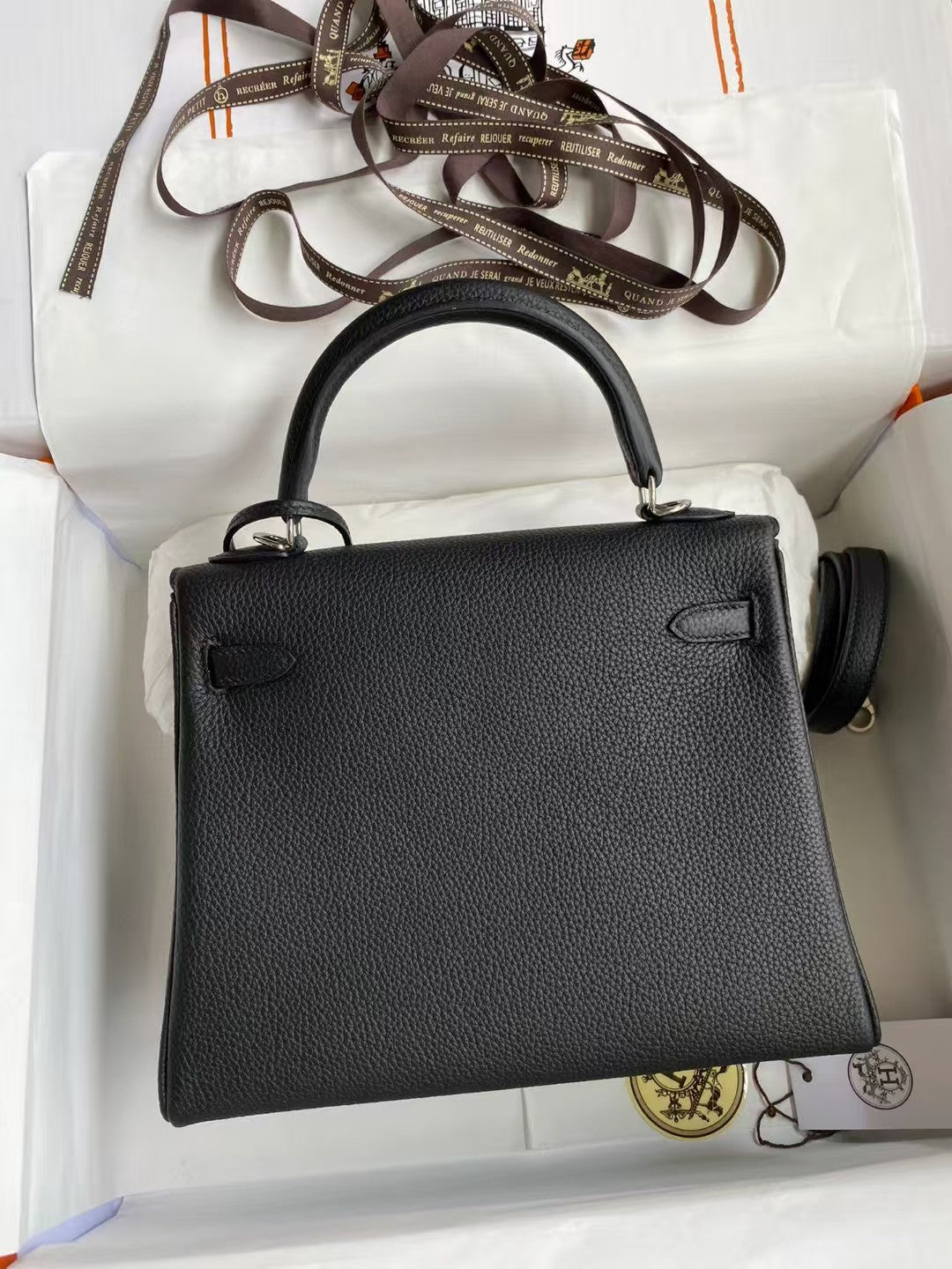 HM MINI KELLY 20CM CUIR TOGO NOIR QUINCAILLERIE ARGENTÉE