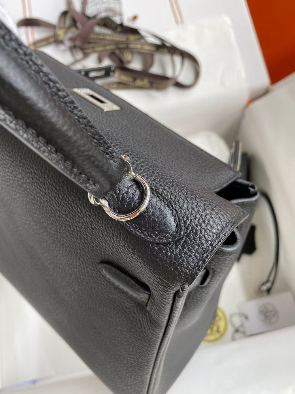 HM MINI KELLY 20CM CUIR TOGO NOIR QUINCAILLERIE ARGENTÉE