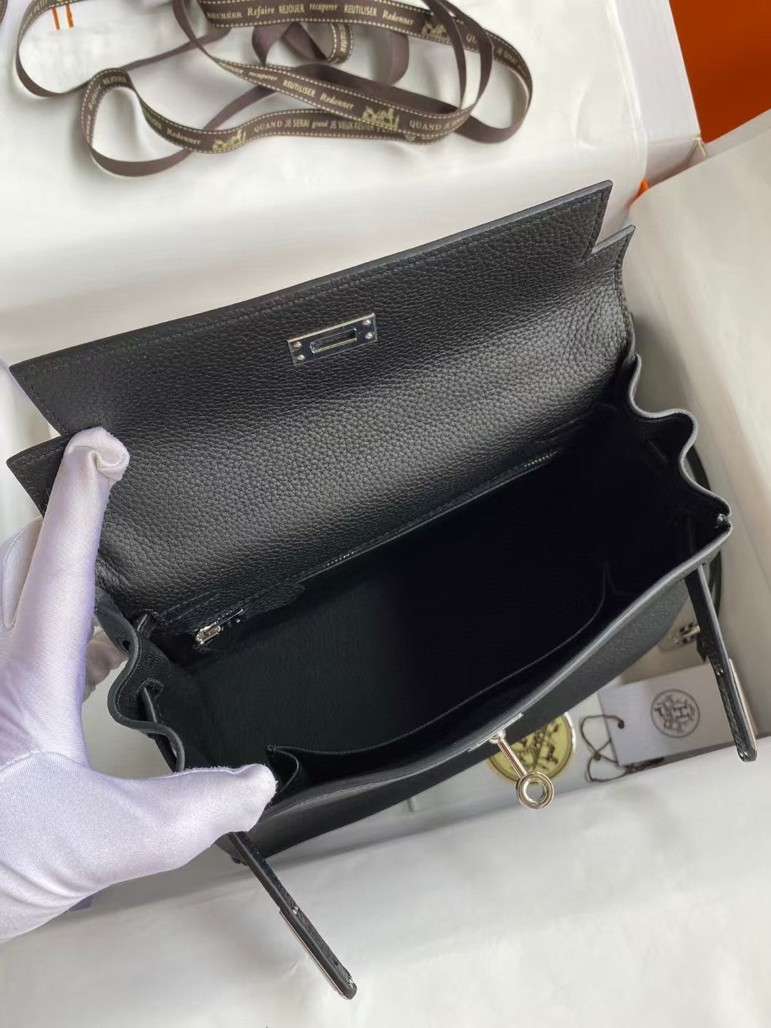 HM MINI KELLY 20CM CUIR TOGO NOIR QUINCAILLERIE ARGENTÉE