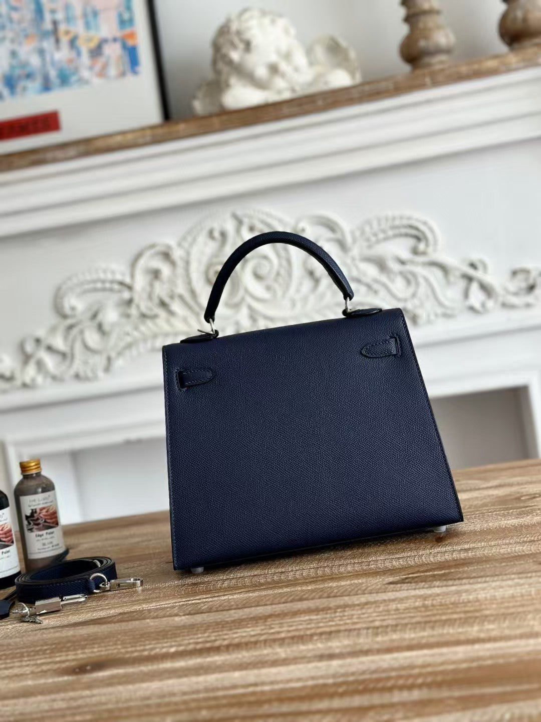 HM KELLY SELLIER CUIR EPSOM BLEU QUINCAILLERIE ARGENTÉE