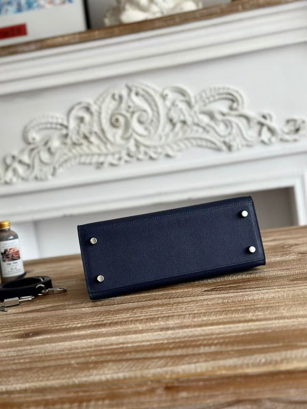 HM KELLY SELLIER CUIR EPSOM BLEU QUINCAILLERIE ARGENTÉE