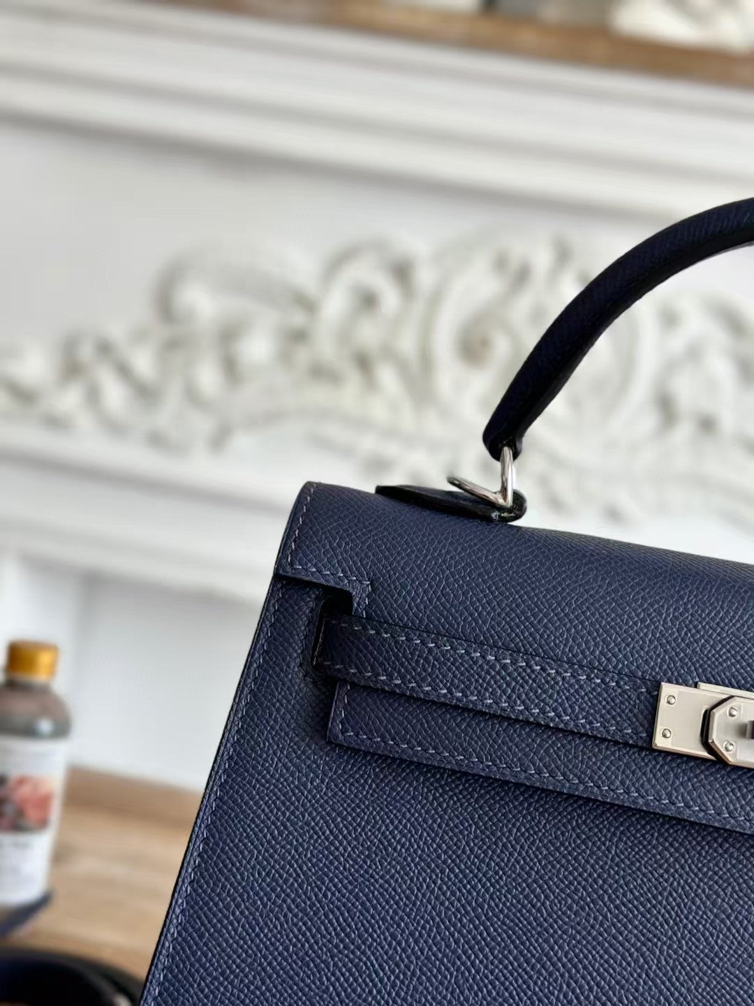 HM KELLY SELLIER CUIR EPSOM BLEU QUINCAILLERIE ARGENTÉE
