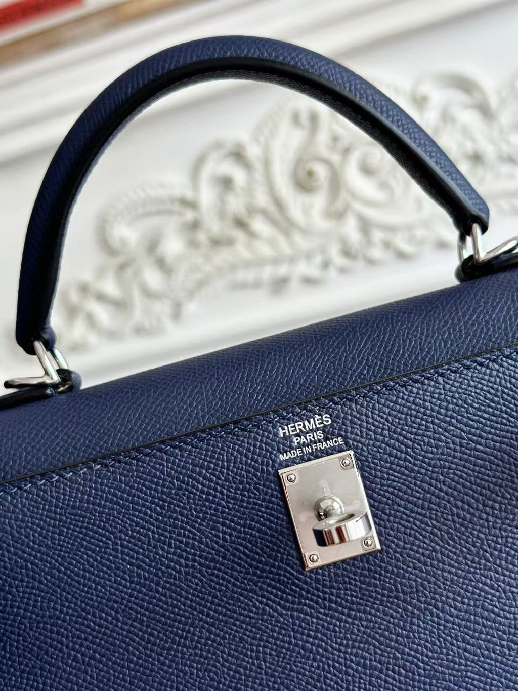 HM KELLY SELLIER CUIR EPSOM BLEU QUINCAILLERIE ARGENTÉE