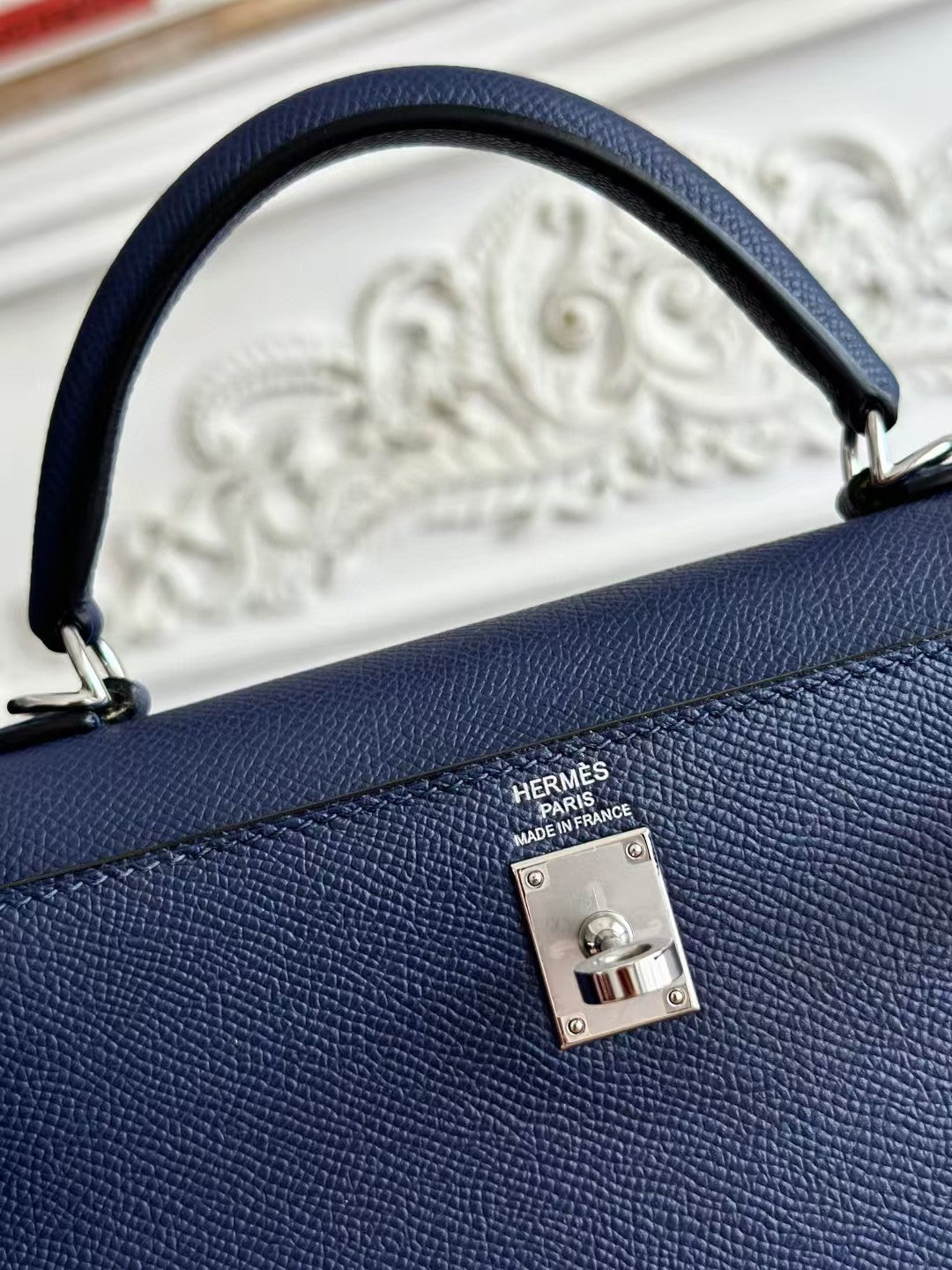 HM KELLY SELLIER CUIR EPSOM BLEU QUINCAILLERIE ARGENTÉE
