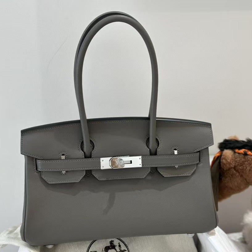 SAC À BANDOULIÈRE HM BIRKIN 29 CM EN CUIR DE VEAU GRIS FER QUINCAILLERIE ARGENTÉE