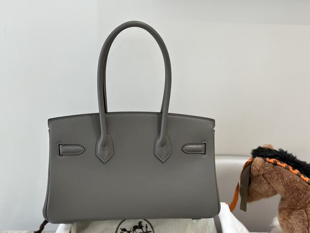 SAC À BANDOULIÈRE HM BIRKIN 29 CM EN CUIR DE VEAU GRIS FER QUINCAILLERIE ARGENTÉE