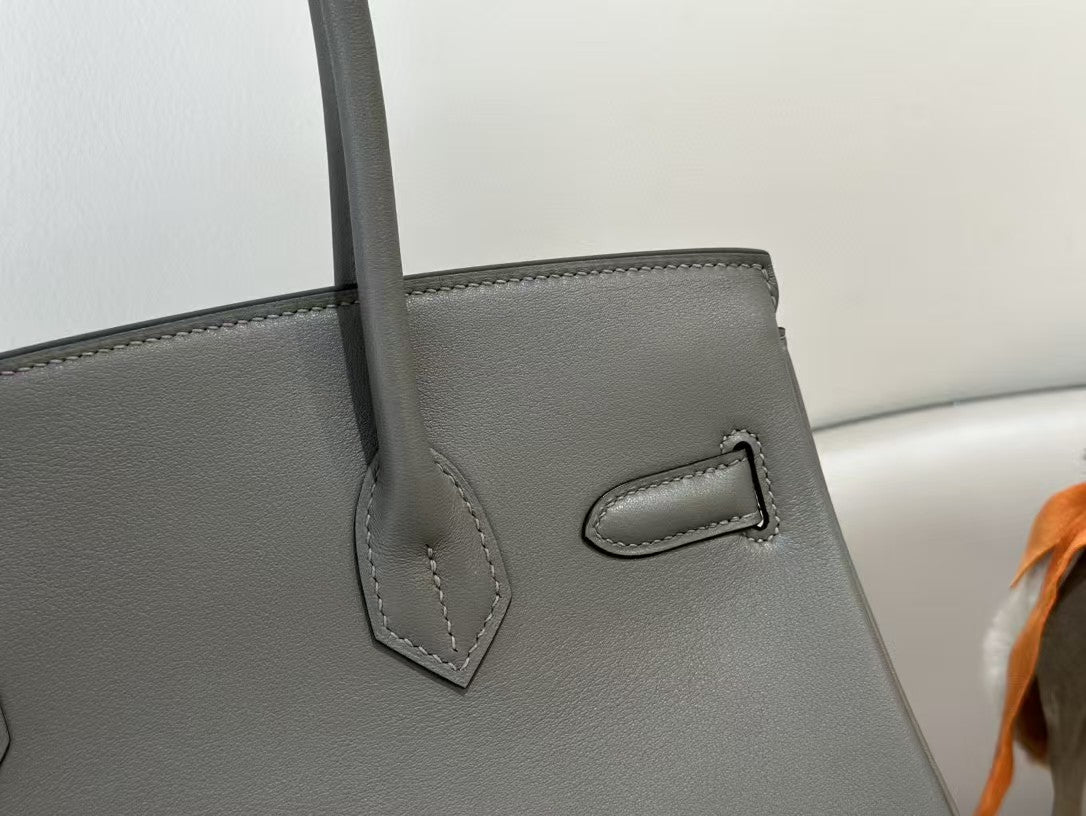 SAC À BANDOULIÈRE HM BIRKIN 29 CM EN CUIR DE VEAU GRIS FER QUINCAILLERIE ARGENTÉE