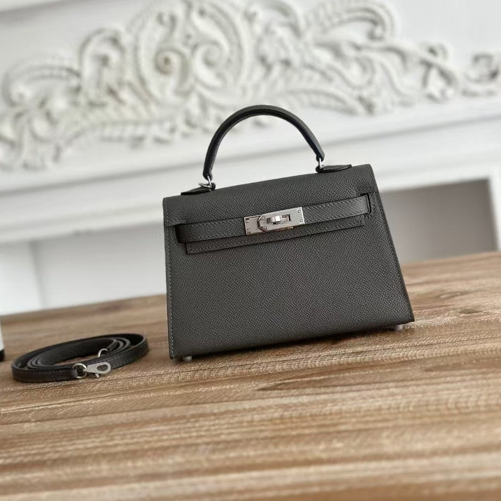 HM MINI KELLY 19CM CHARBON EPSOM QUINCAILLERIE ARGENTÉE