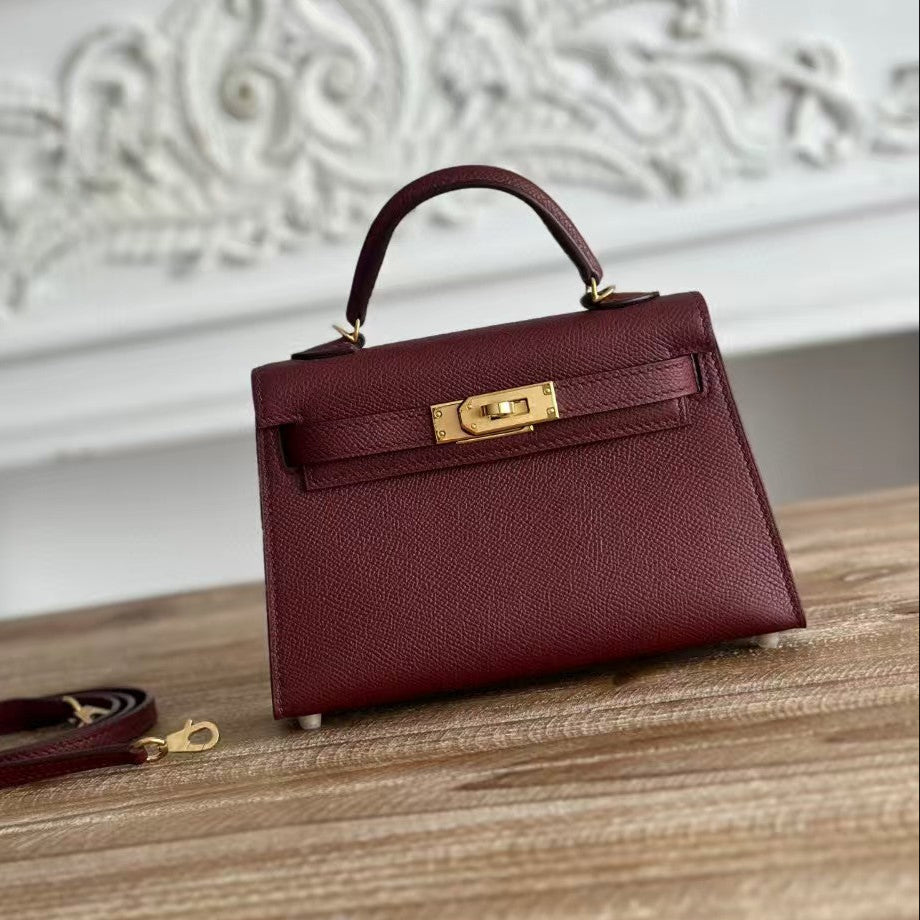 HM MINI KELLY 19CM BURGUNDY EPSOM GOLD HARDWARE
