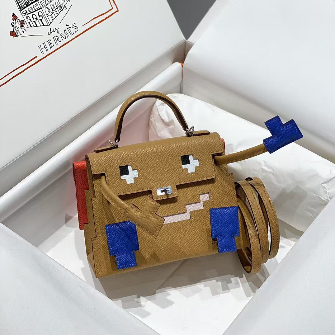 KELLY DOLL PICTO MINI 18 CUIR DE VEAU BLEU MARRON MIX