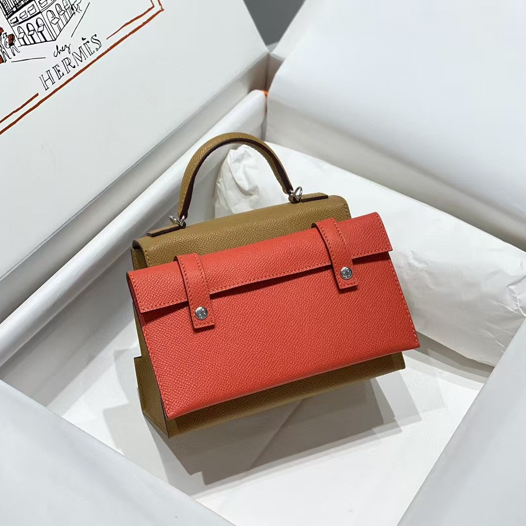 KELLY DOLL PICTO MINI 18 CUIR DE VEAU BLEU MARRON MIX