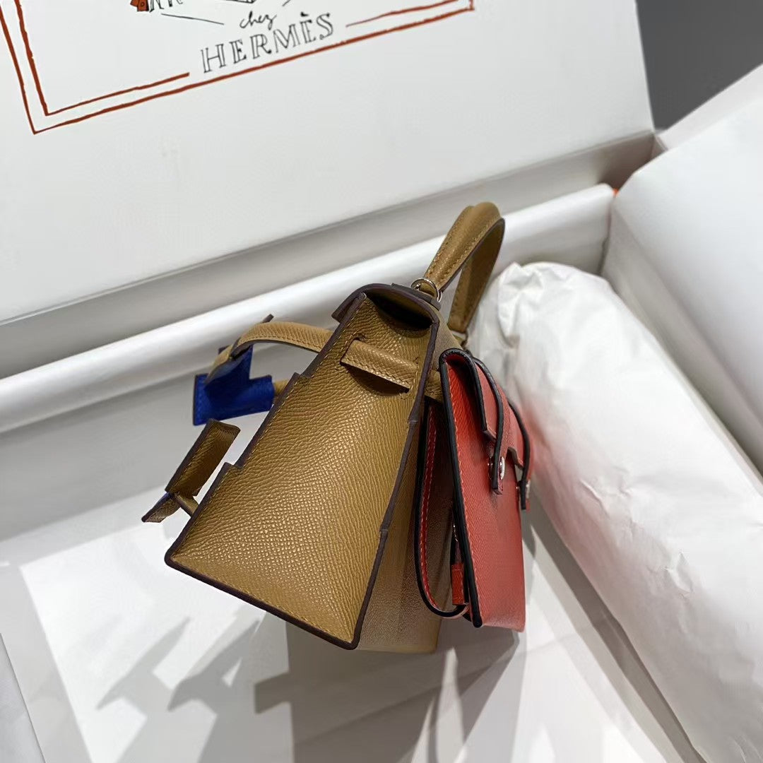 KELLY DOLL PICTO MINI 18 CUIR DE VEAU BLEU MARRON MIX