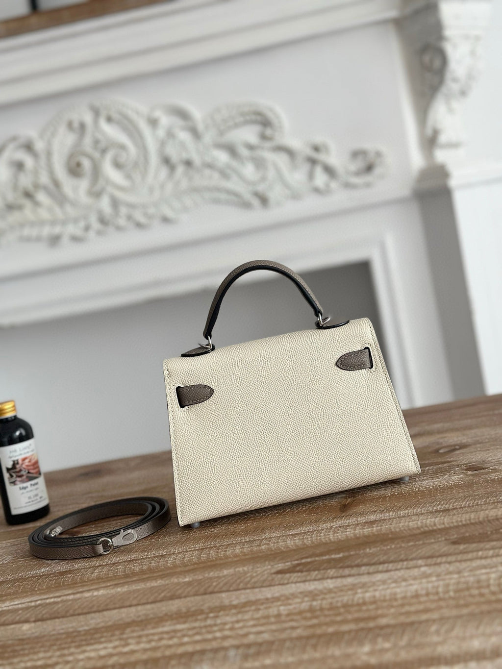 HM MINI KELLY 19CM BEIGE MIX MARRON EPSOM QUINCAILLERIE ARGENTÉE