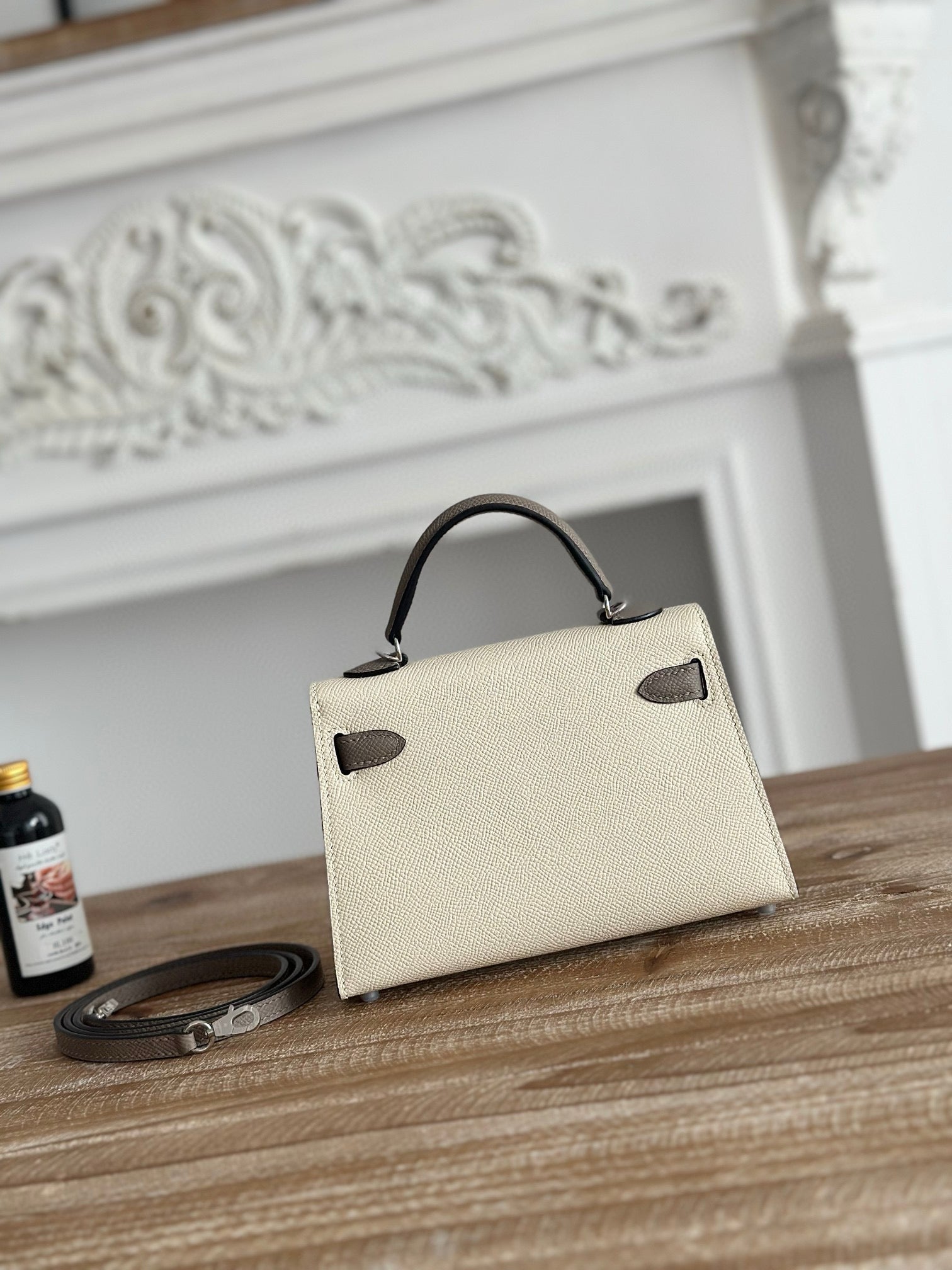 HM MINI KELLY 19CM BEIGE MIX BROWN EPSOM SILVER HARDWARE