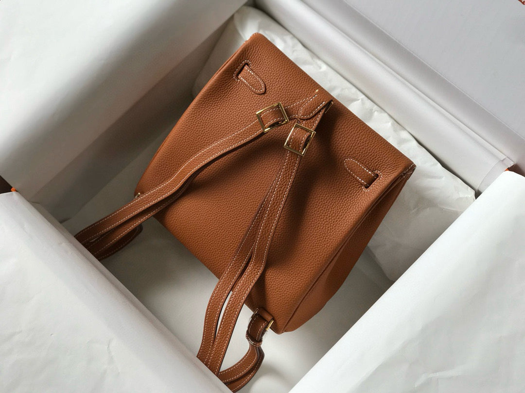 SAC À DOS KELLY ADO 22 TOGO EN CUIR DE VEAU MARRON QUINCAILLERIE DORÉ