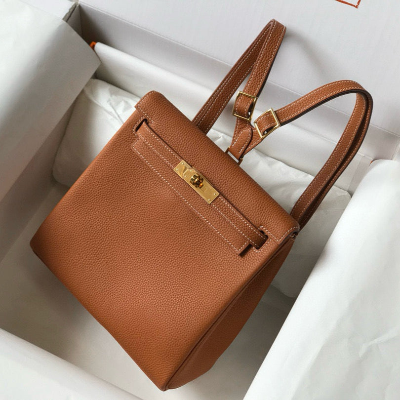 SAC À DOS KELLY ADO 22 TOGO EN CUIR DE VEAU MARRON QUINCAILLERIE DORÉ
