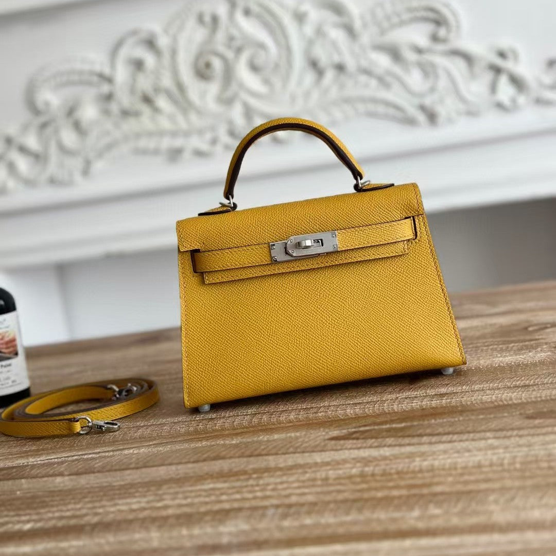 HM MINI KELLY 19CM YELLOW EPSOM SILVER HARDWARE