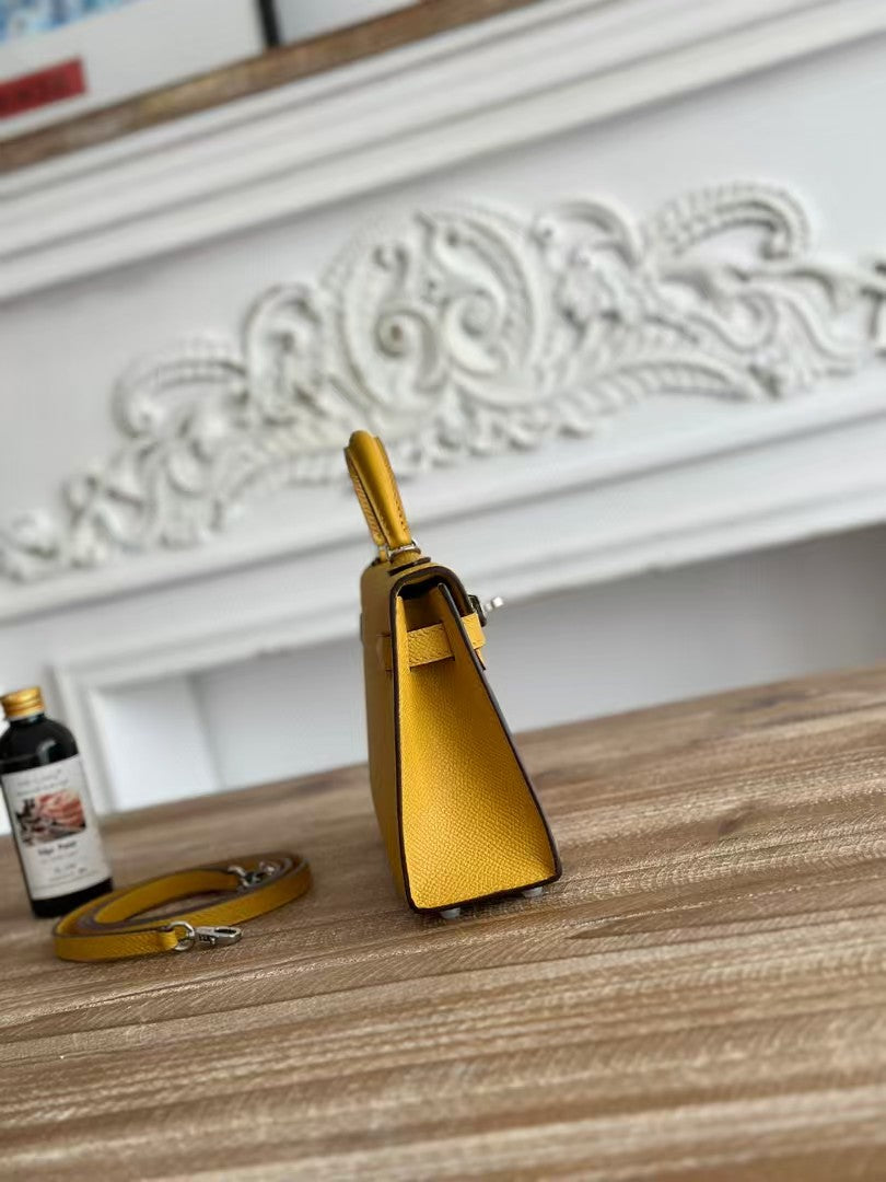 HM MINI KELLY 19CM YELLOW EPSOM SILVER HARDWARE