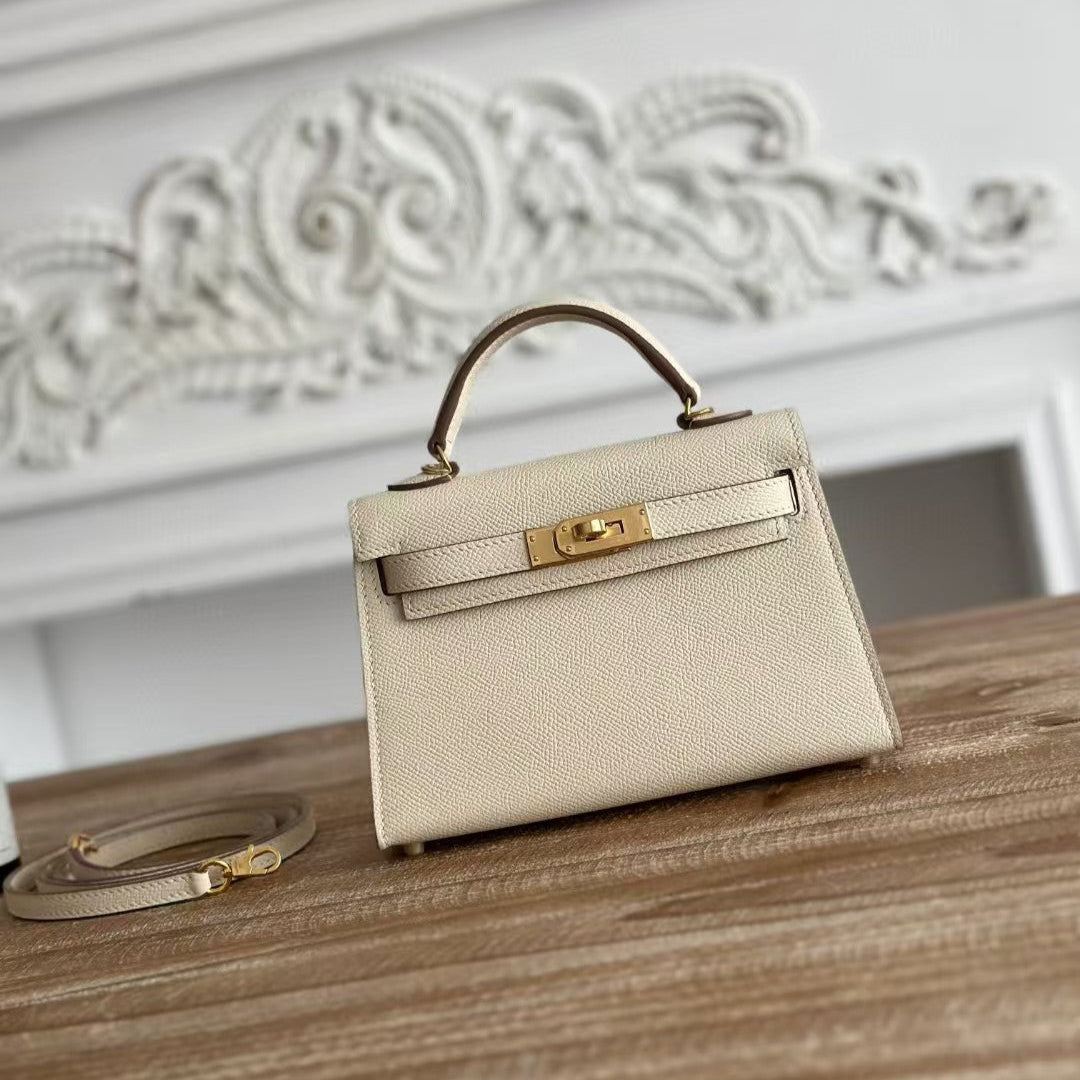 HM KELLY MINI 19 CUIR DE VEAU BLANC ACIER DORÉ