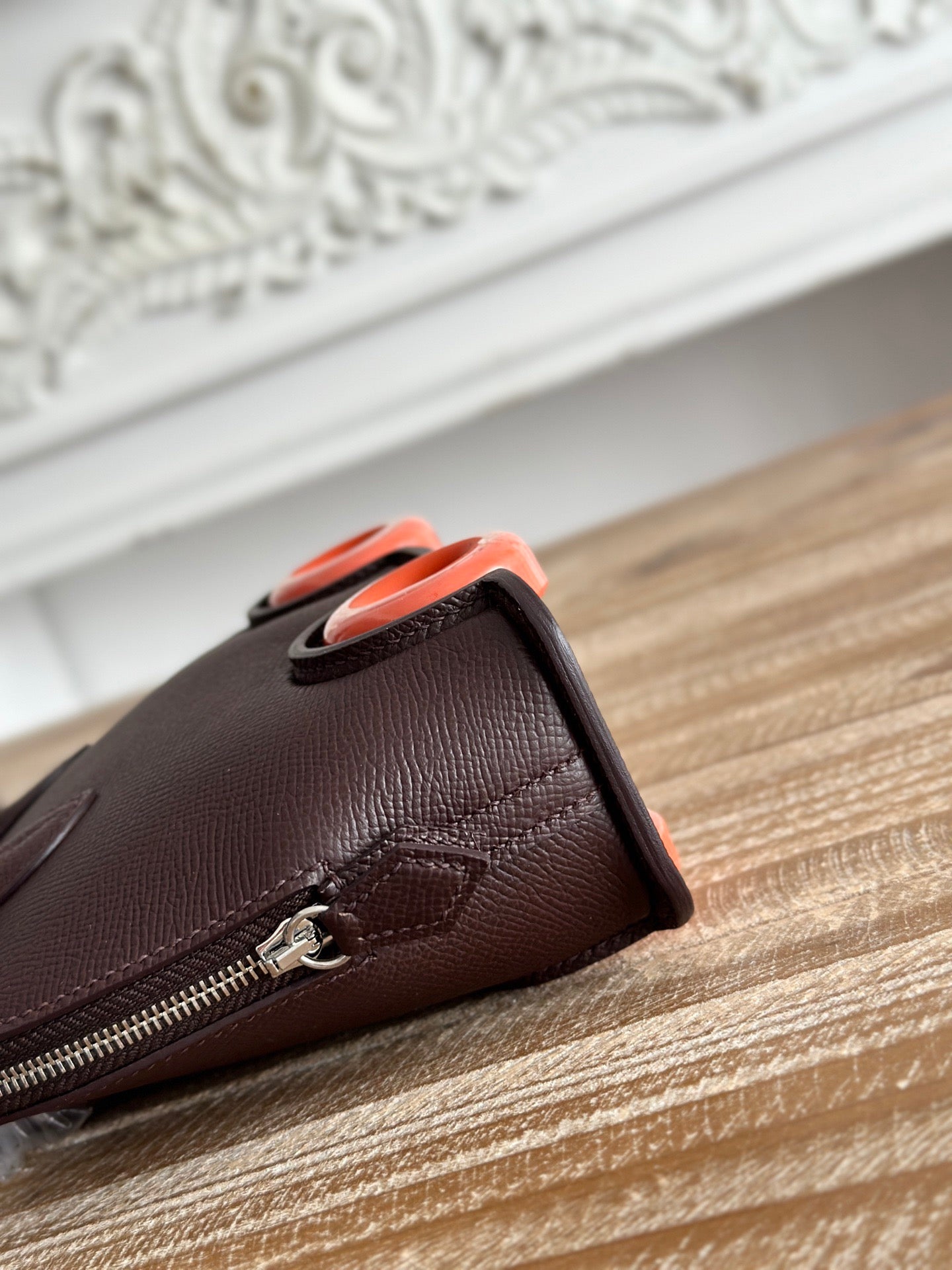 HM BOLIDE MINI 19CM BURGUNDY EPSOM LEATHER ON ORANGE WHEELS