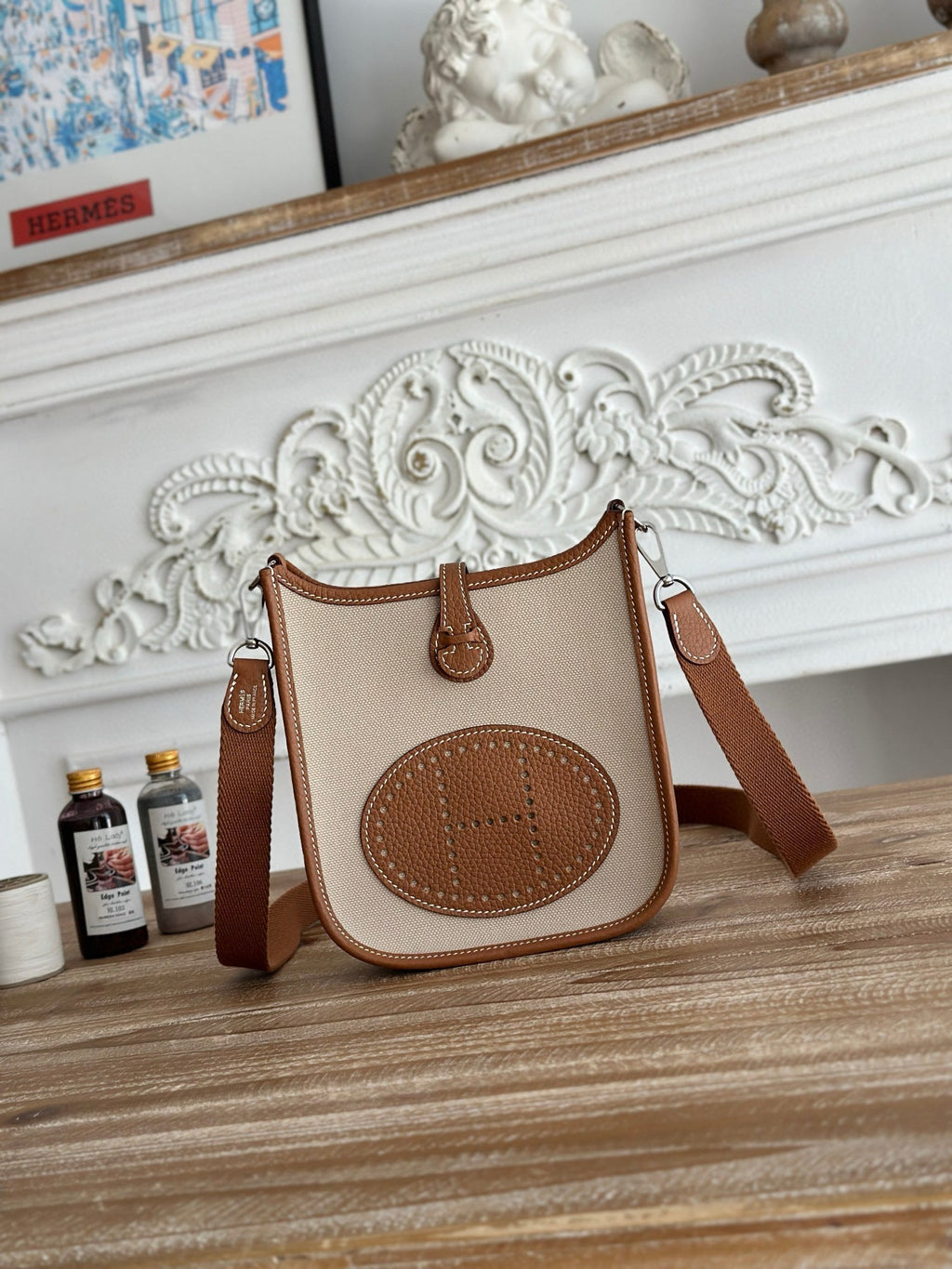 SACS EVELYNE HERMES 17 FIL CIRE MARRON BEIGE ET CUIR DE VACHE