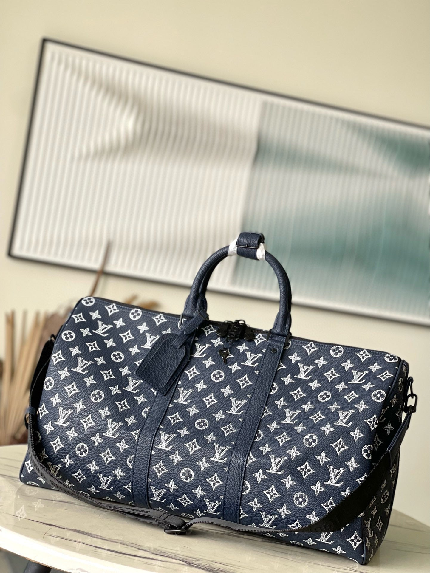 LV KEEPALL BANDOULIÈRE 50 BLEU MARINE MONOGRAMME SHADOW CUIR DE VACHE