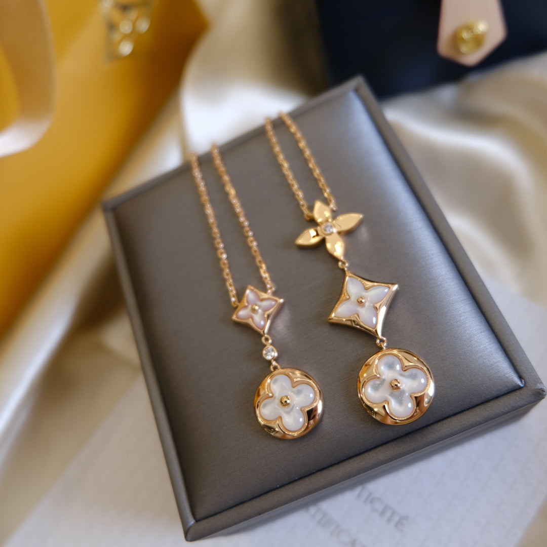 COLOR BLOSSOM LARIAT NECKLACE ROSE GOLD WHITE MOTHER PEARL AND DIAMOND