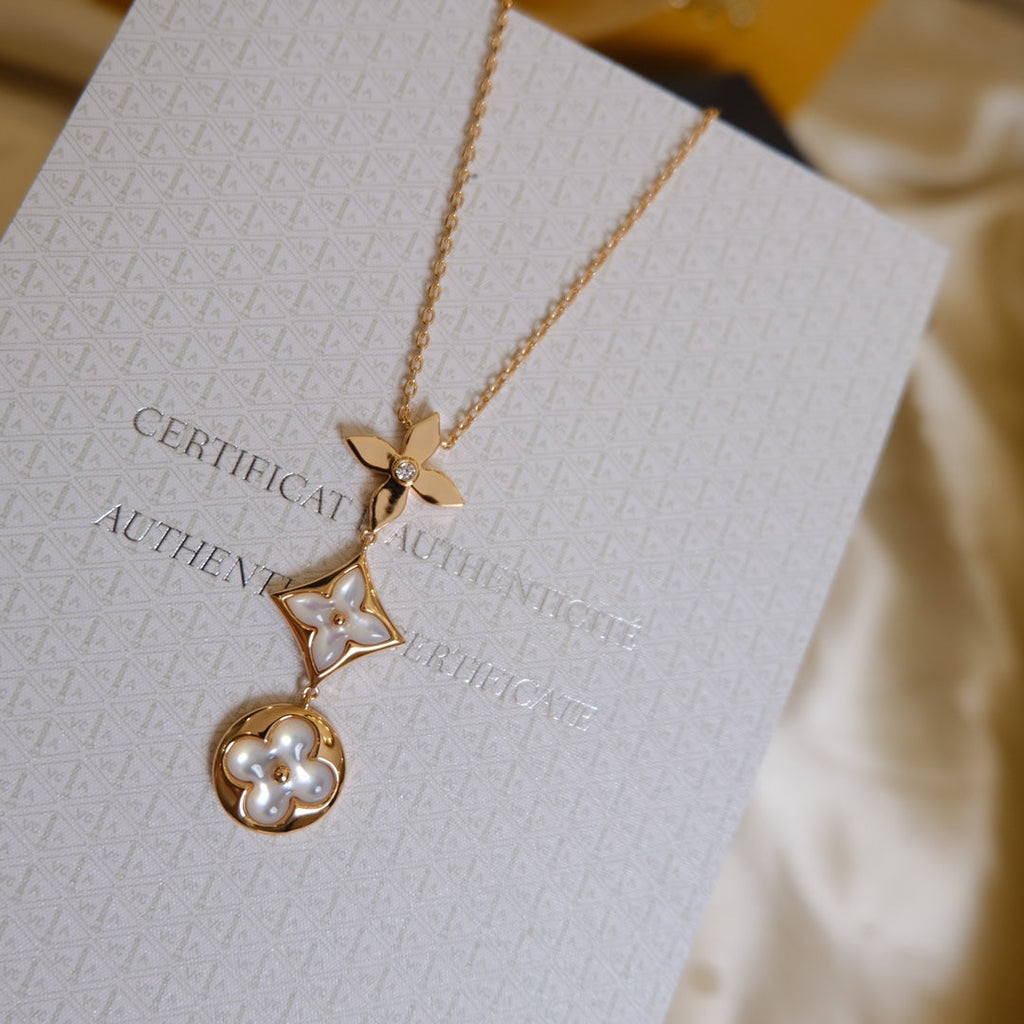 COLOR BLOSSOM LARIAT NECKLACE ROSE GOLD WHITE MOTHER PEARL AND DIAMOND