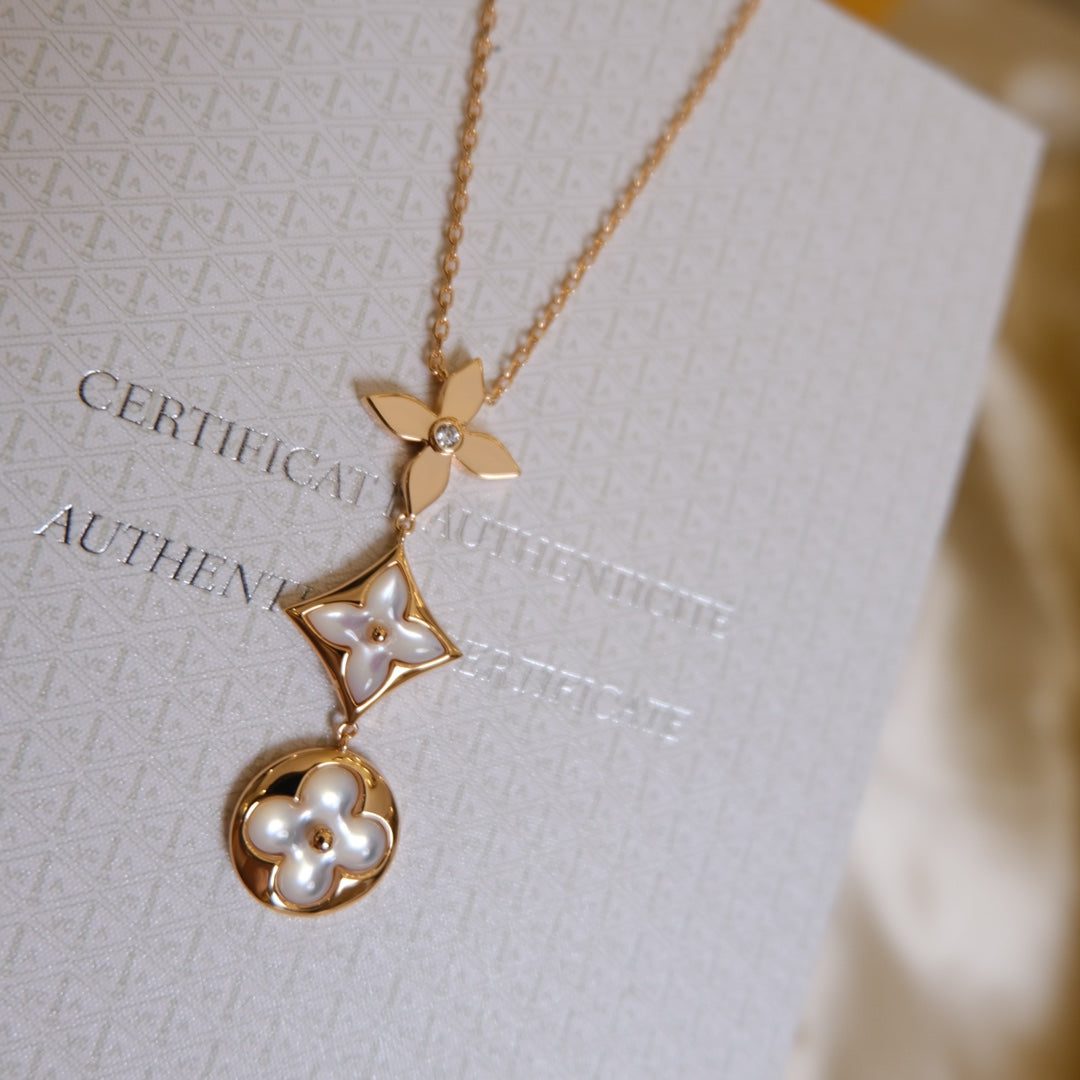 COLOR BLOSSOM LARIAT NECKLACE ROSE GOLD WHITE MOTHER PEARL AND DIAMOND