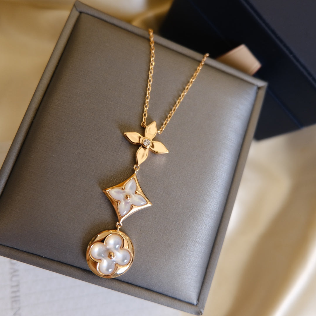 COLOR BLOSSOM LARIAT NECKLACE ROSE GOLD WHITE MOTHER PEARL AND DIAMOND