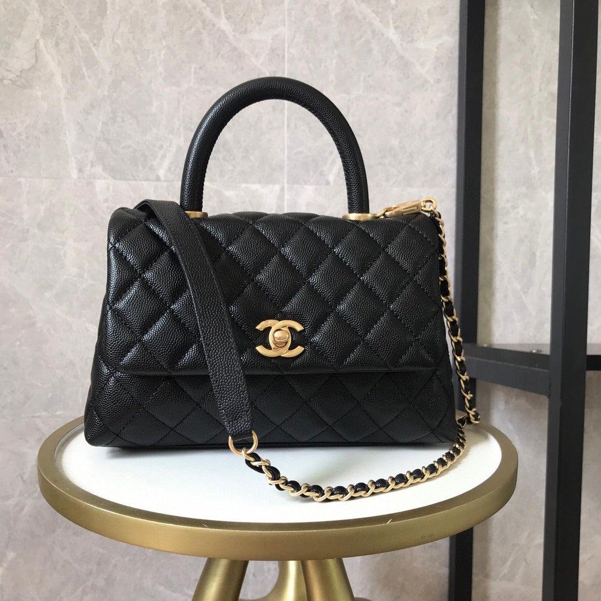 BLACK QUILTED CAVIAR COCO TOPHANDLE 24 GOLD HARDWARE