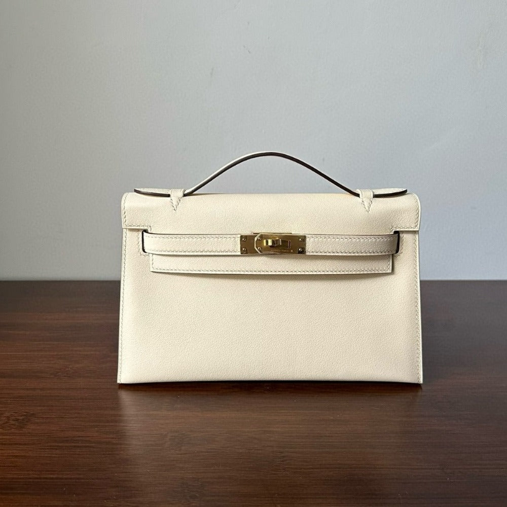 POCHETTE HM KELLY 22CM BLANC BEIGE SWIFT QUINCAILLERIE OR MEILLEURE