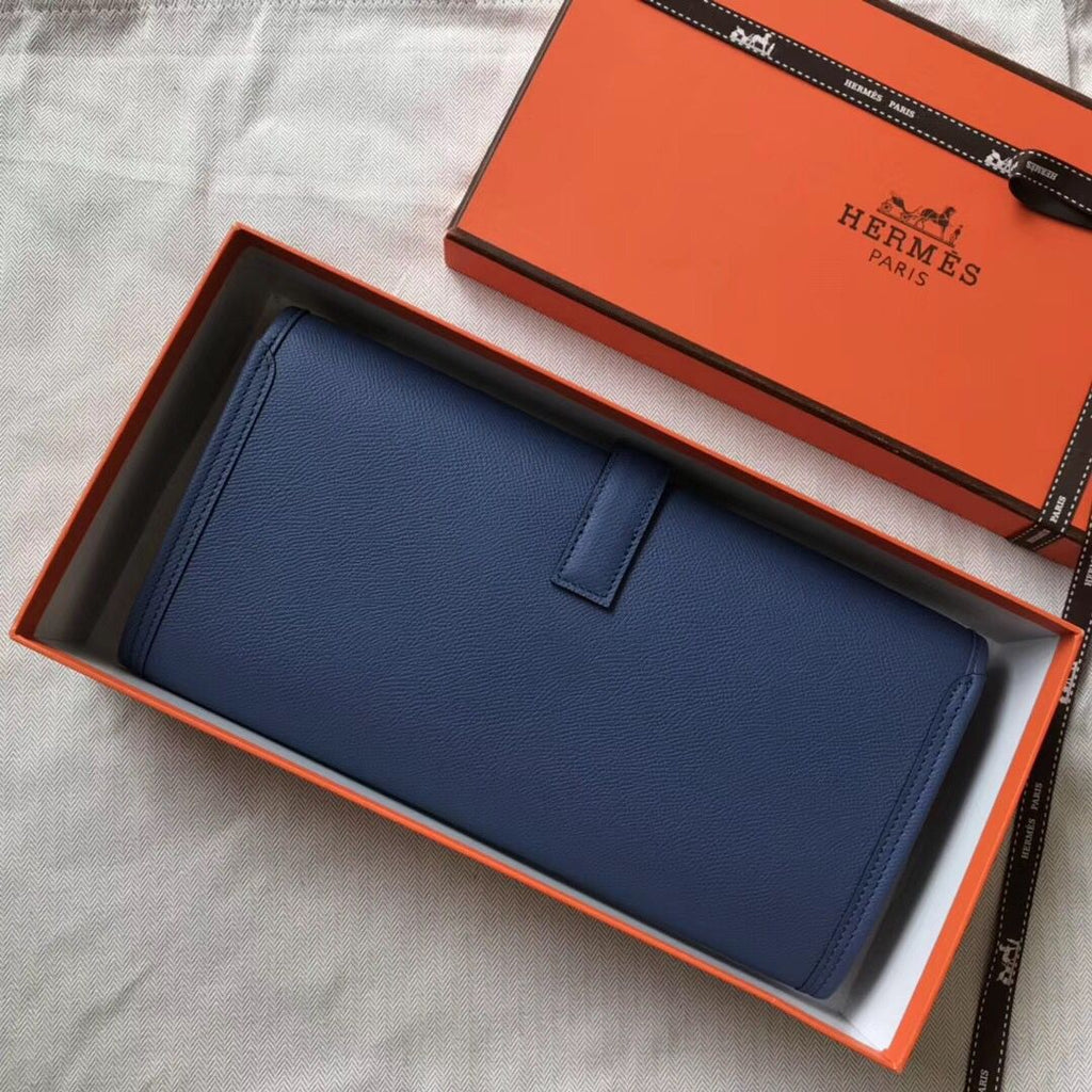 Pochette Hermès Jige Elan 29 en cuir EPSOM bleu agate