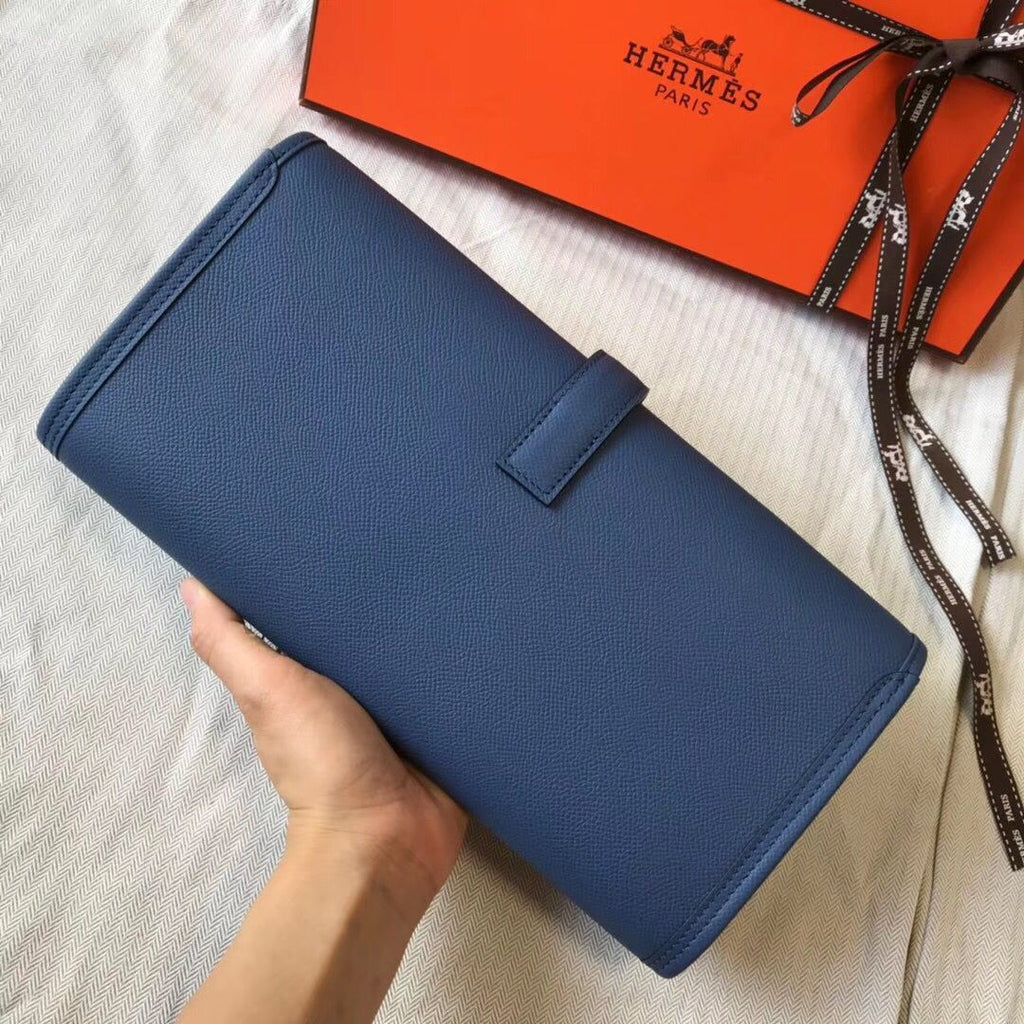 Pochette Hermès Jige Elan 29 en cuir EPSOM bleu agate